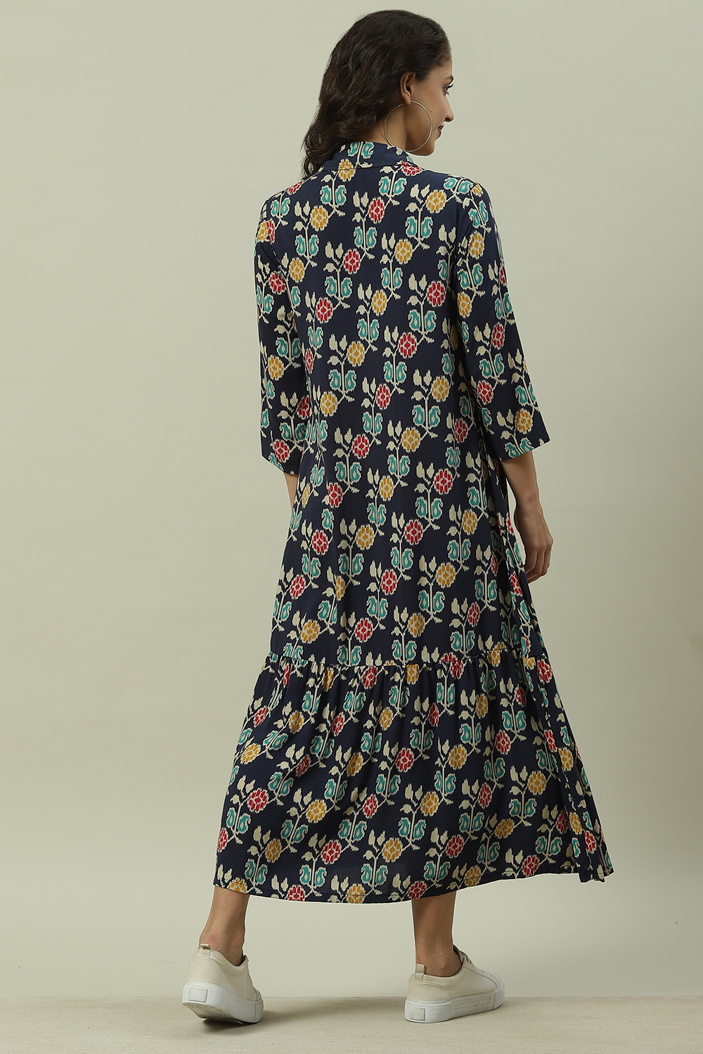 Navy Rayon A-Line Printed Dress image number 4