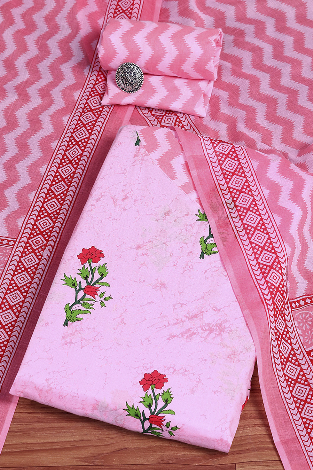Pink Cotton Screen Print Unstitched Suit Set image number 0