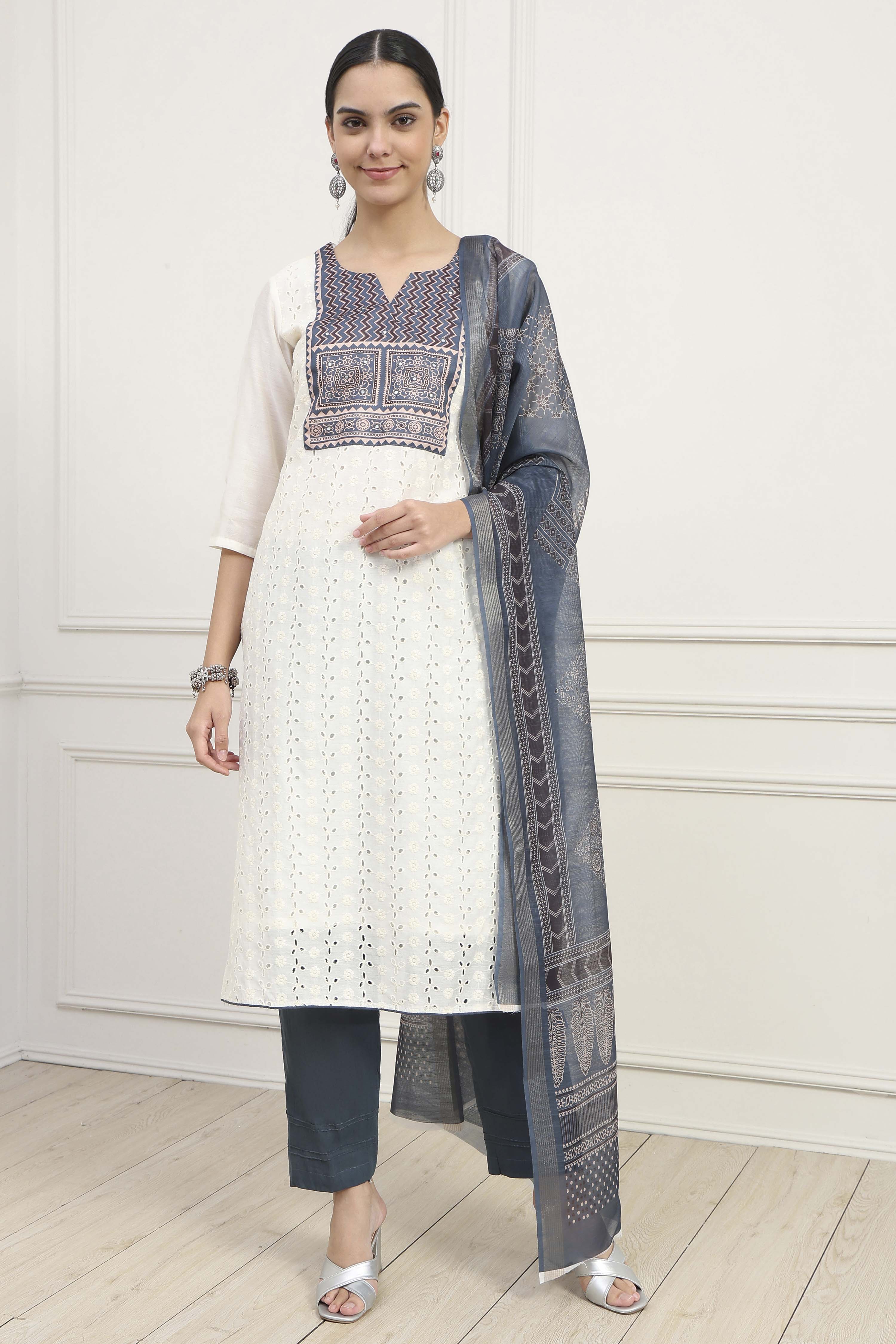 Off White Cotton Blend Schiffli Unstitched Suit Set image number 1