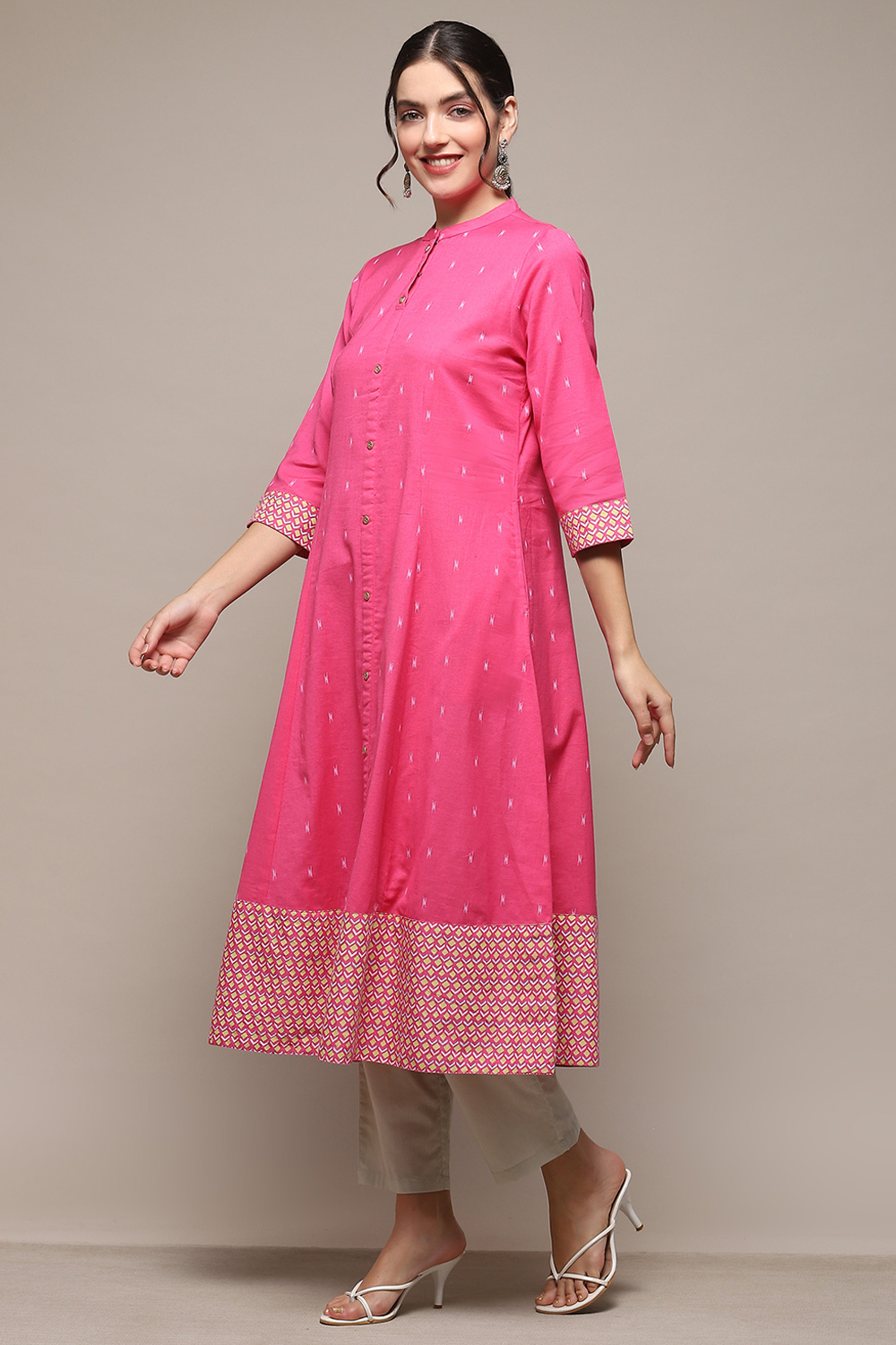 Black Cotton Flax Printed A-Line Kurta image number 2