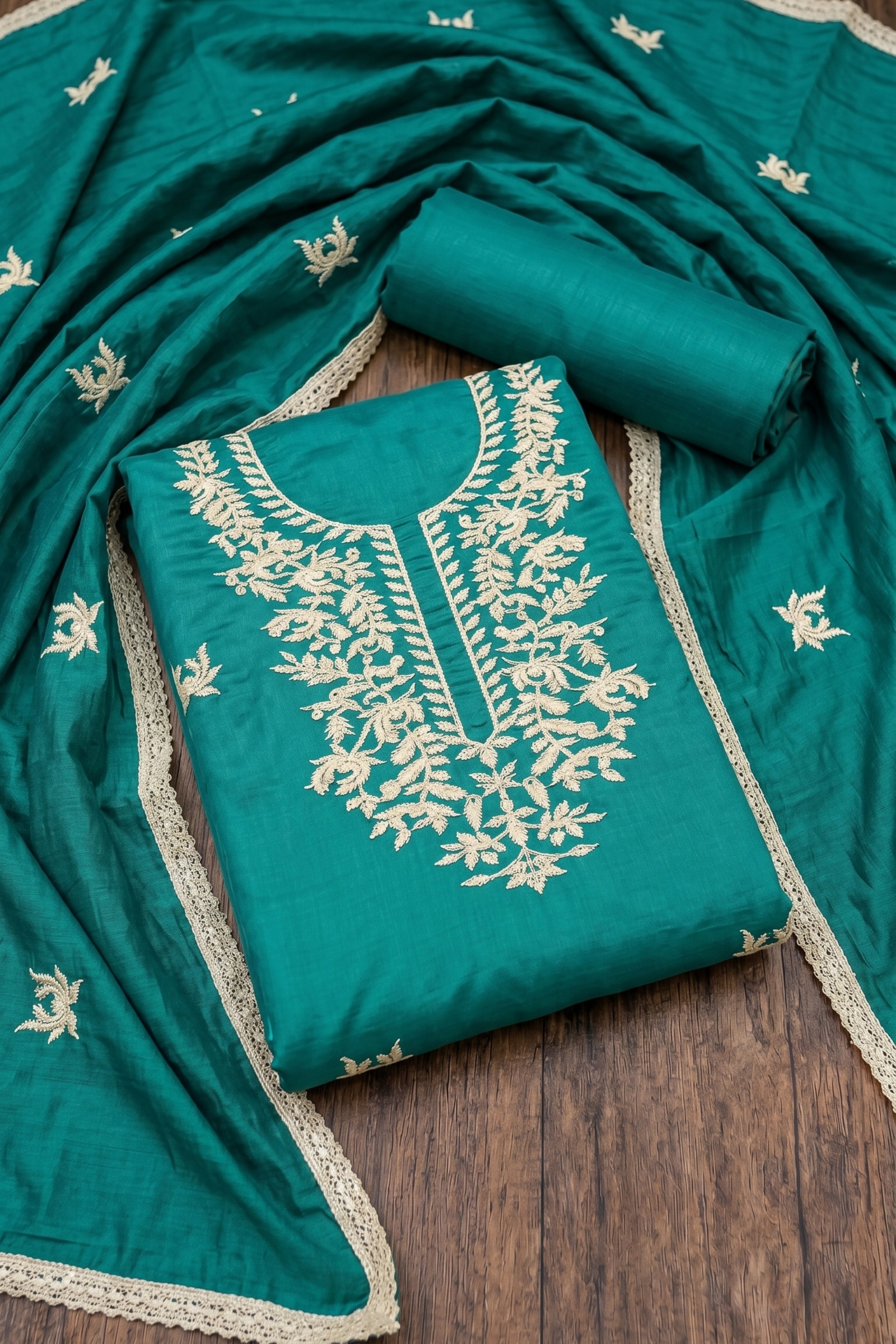 Wine Chanderi Thread Work Unstitched Suit Set image number 0