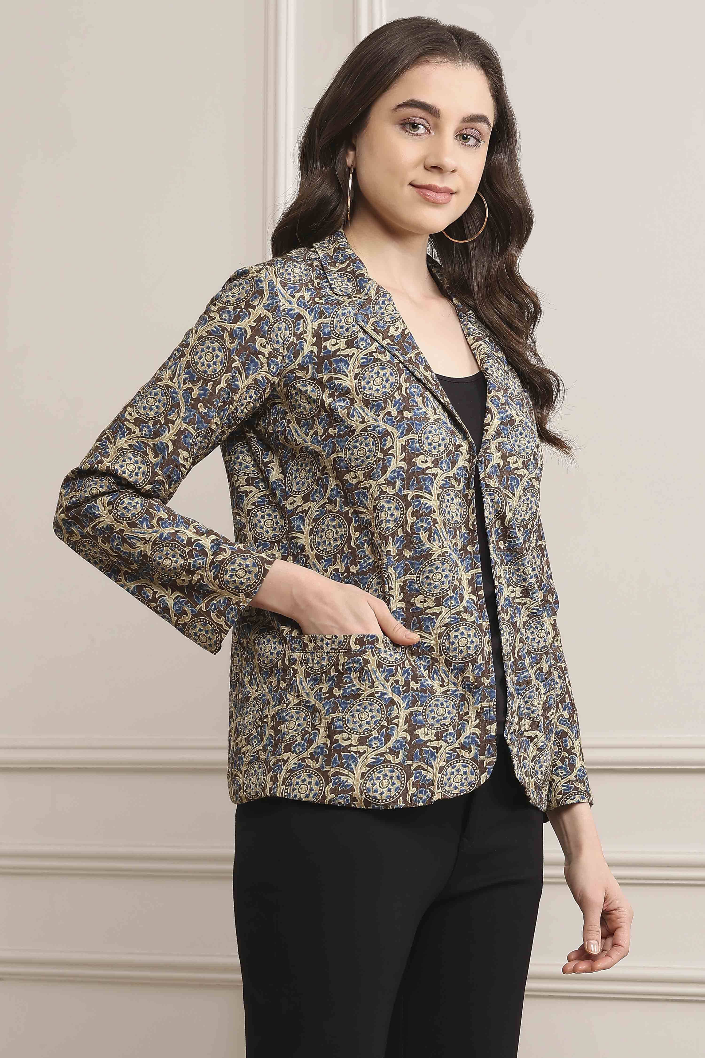 Brown Viscose Straight Printed Jacket image number 4