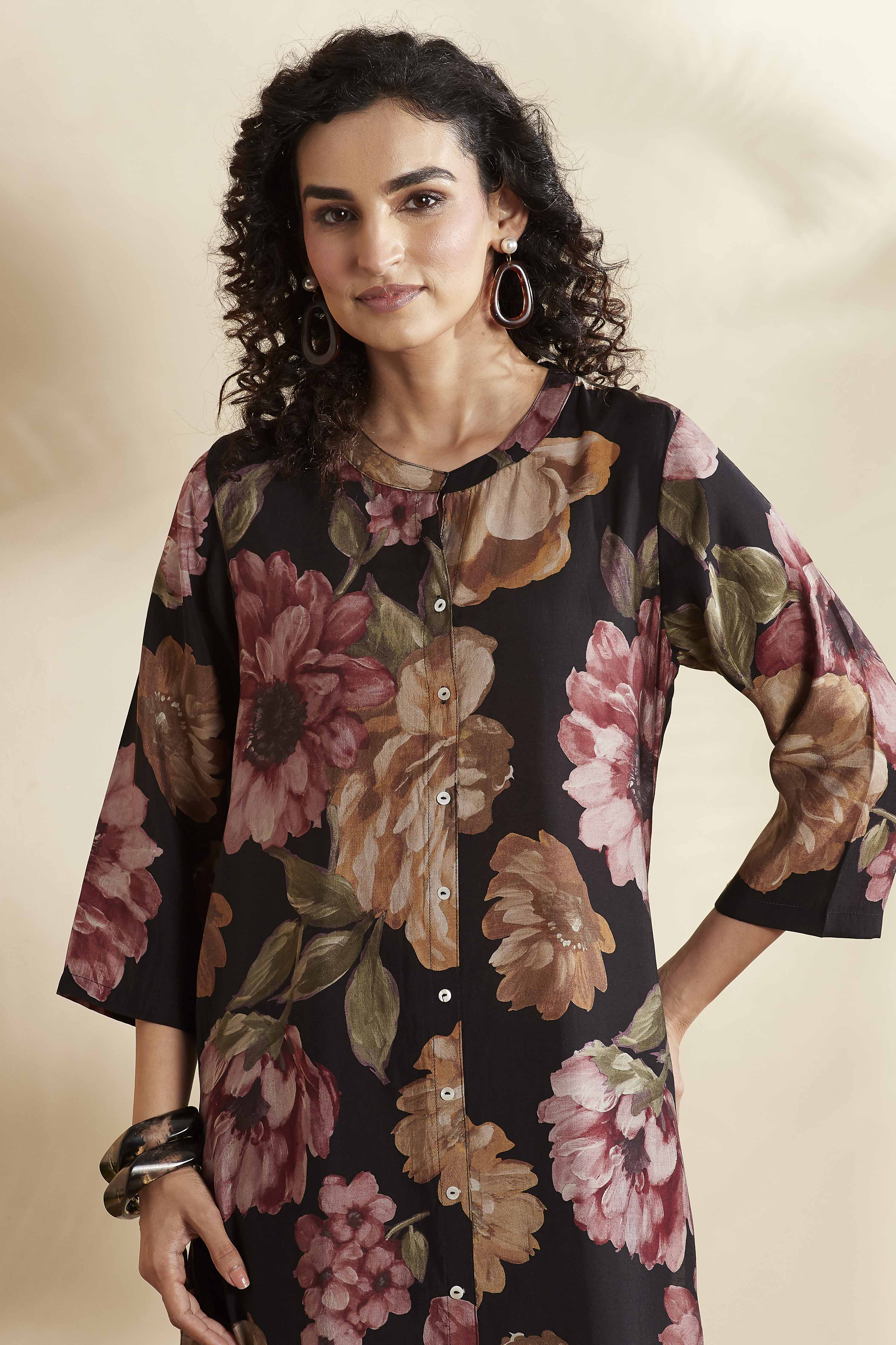 Grey Poly Viscose Floral  A-Line Kurta image number 1