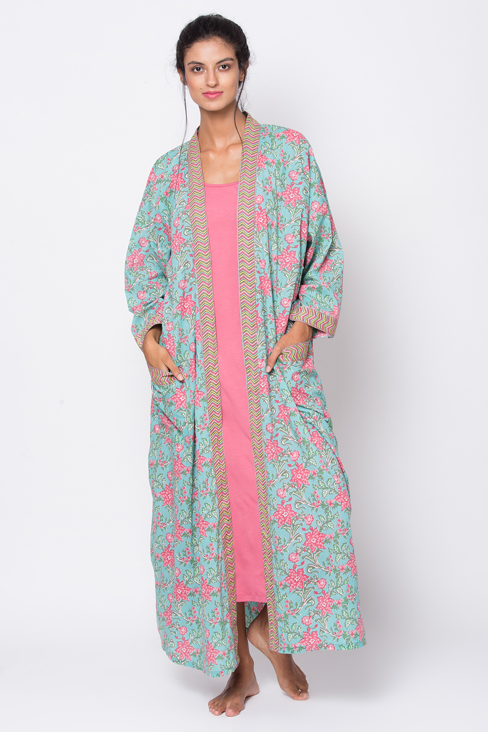 Teal And Pink Cotton Printed Sleepwear Robe image number 1