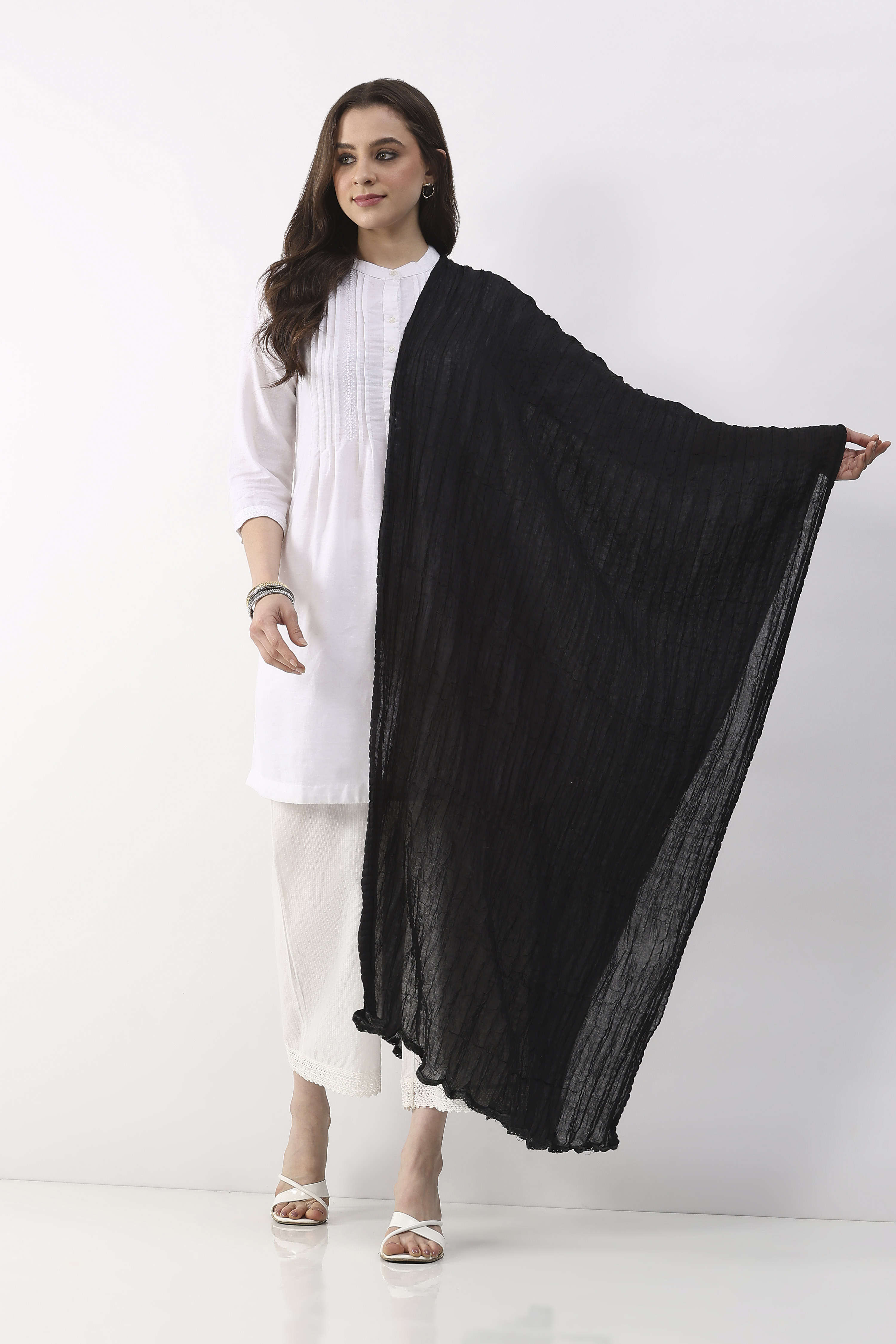 Black Cotton Solid Textured Dupatta image number 0