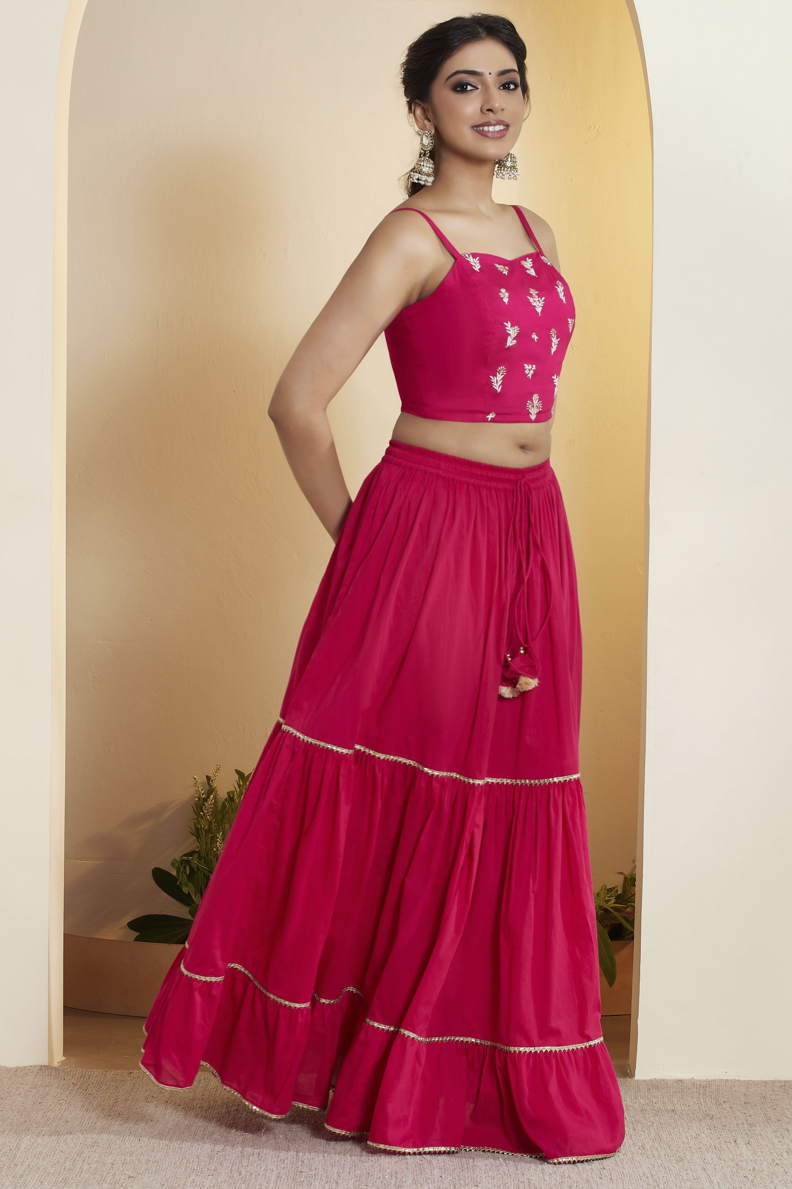 Red Embroidered Gathered Lehenga Set with Jacket image number 8