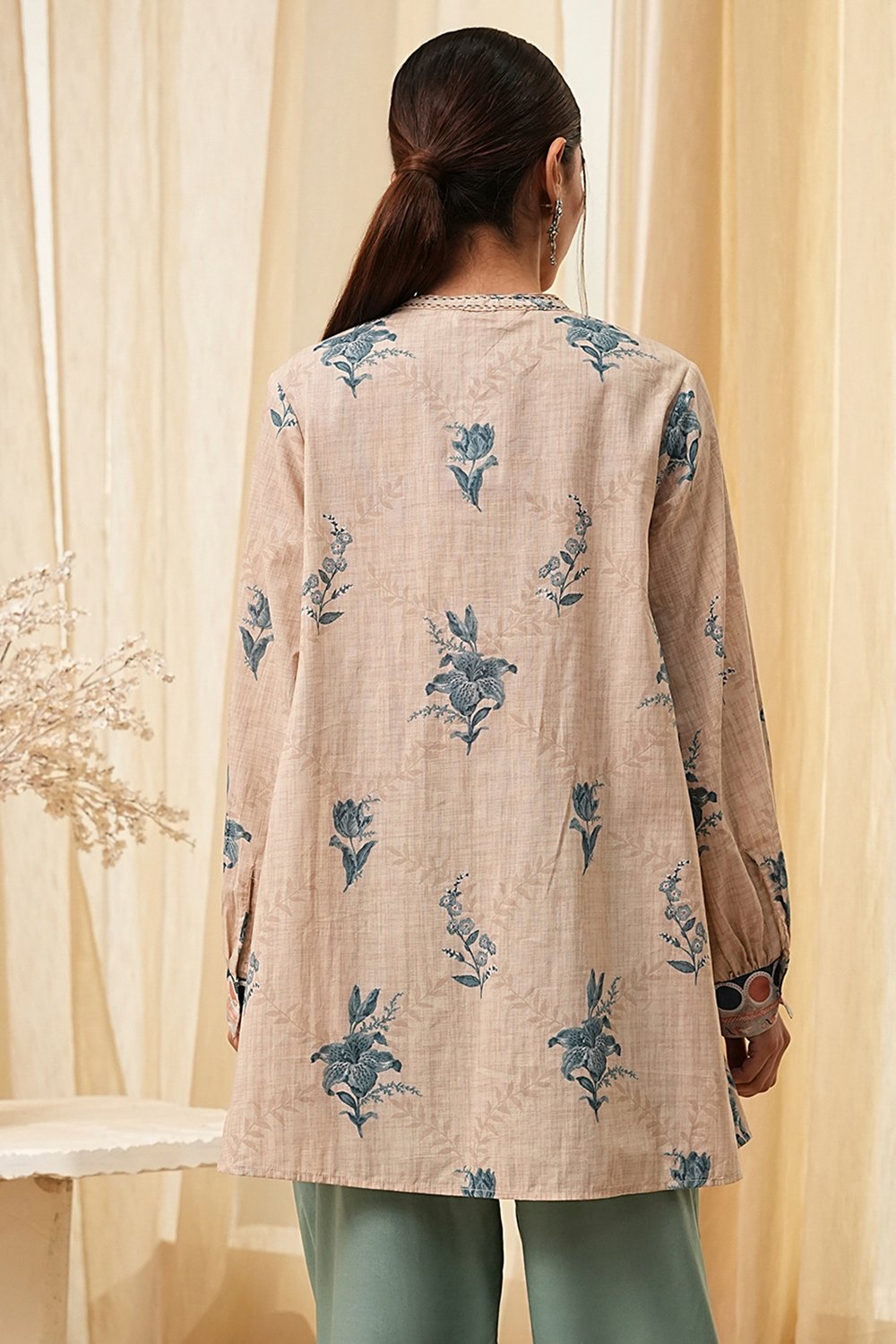 Beige Pure Cotton Shirt-Style A-Line Short Kurta image number 3