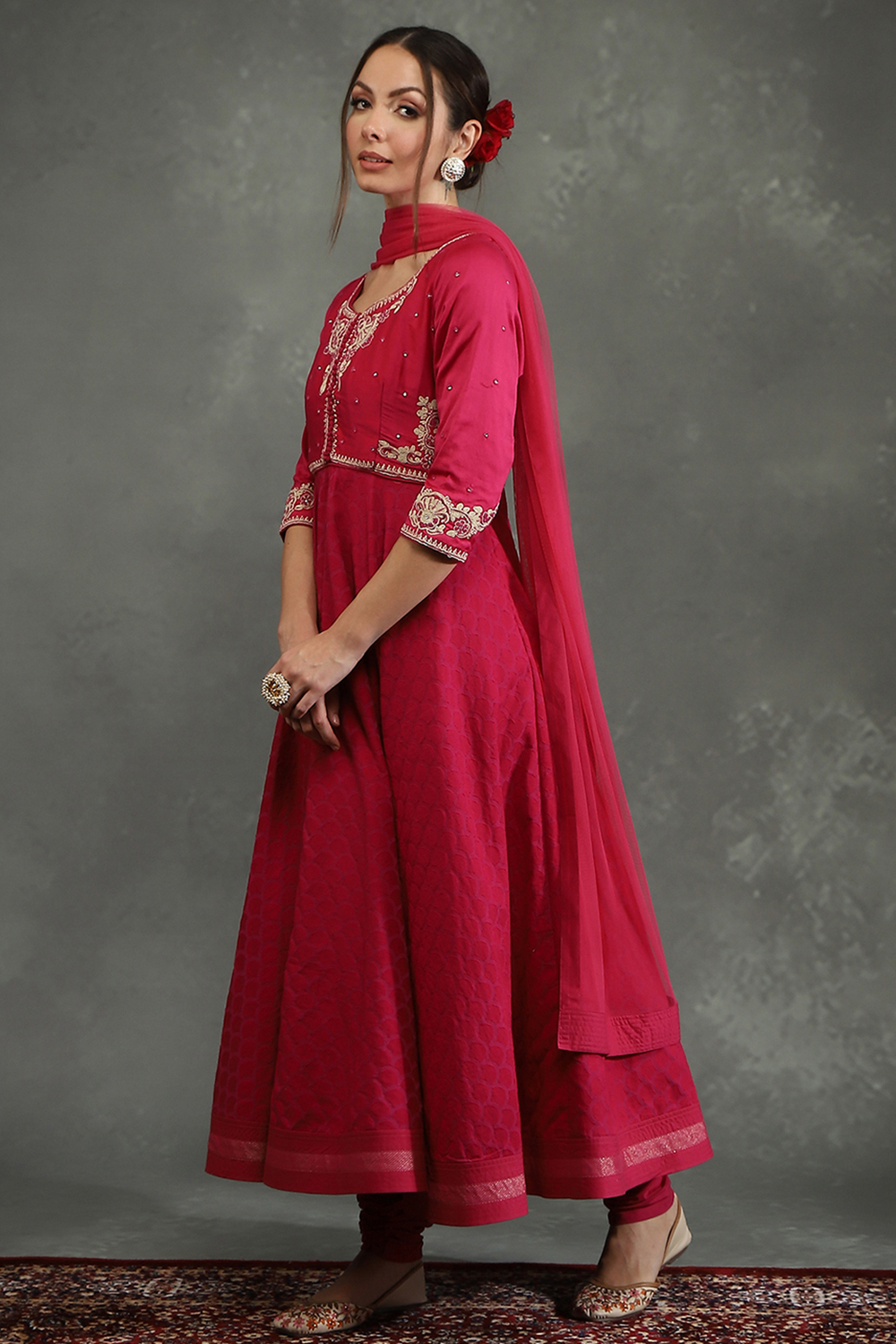 Cream-Toned Silk Chanderi Floral Anarkali Suit Set image number 6