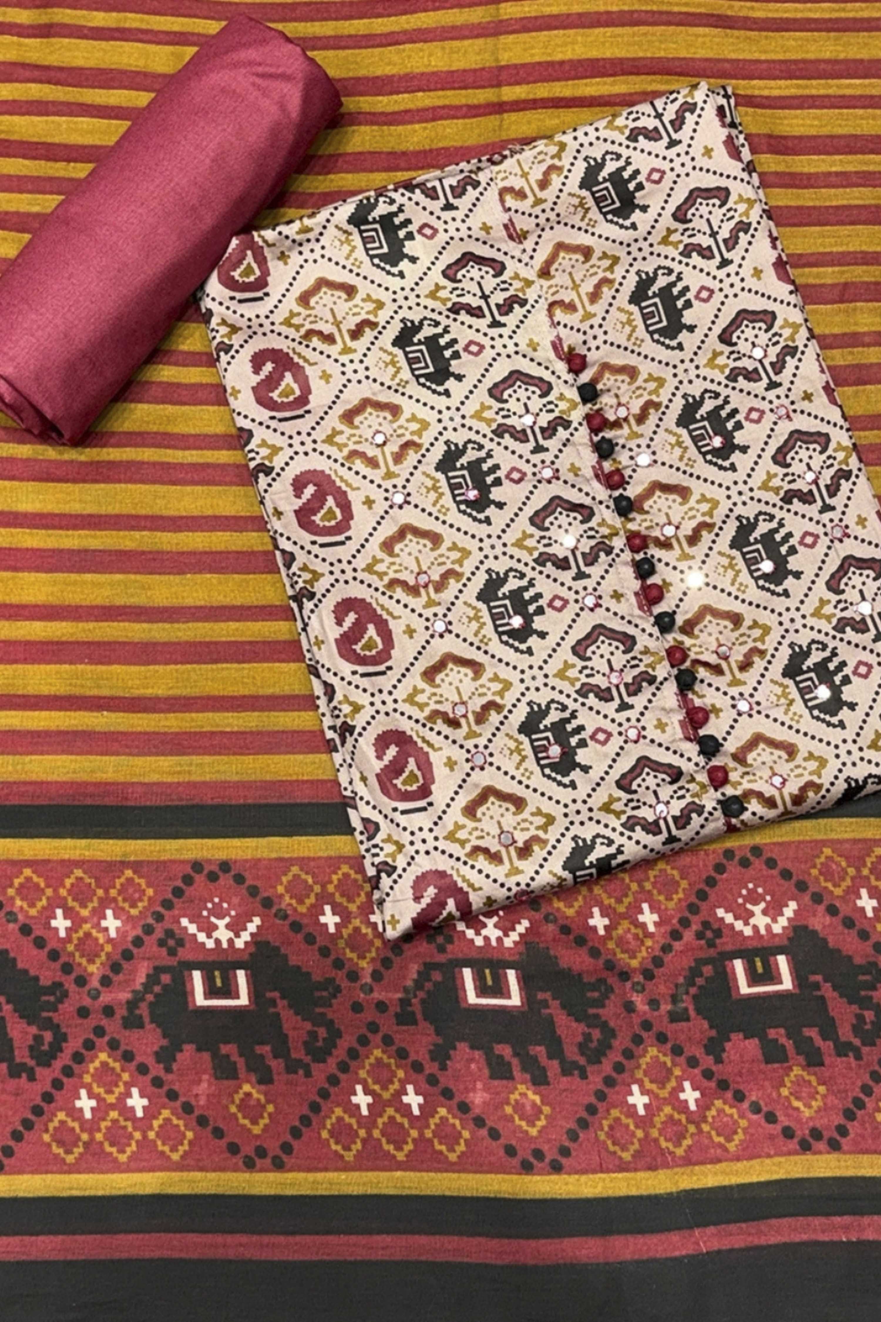 Beige Cotton Printed Unstitched Suit Set image number 0