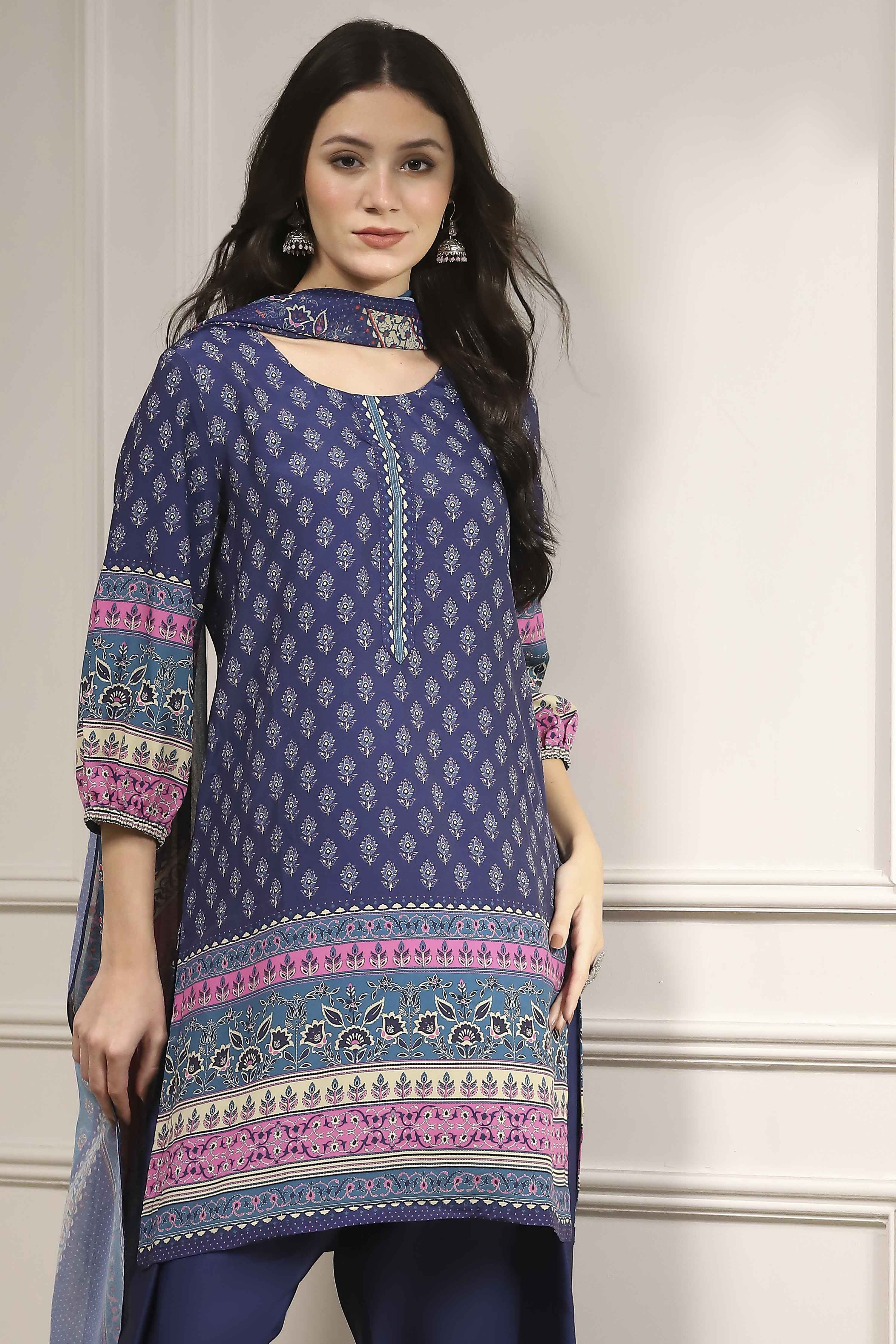 Blue Printed Straight Suit Set image number 7