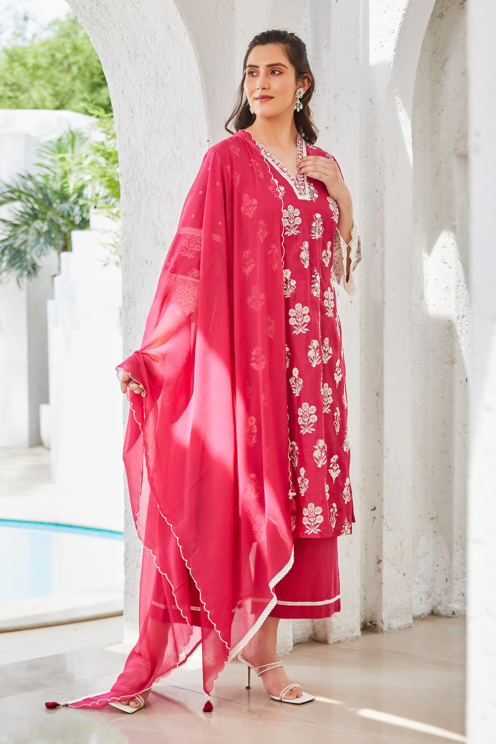 Fuchsia Embroidered Kurta & Palazzo Suit Set image number 5