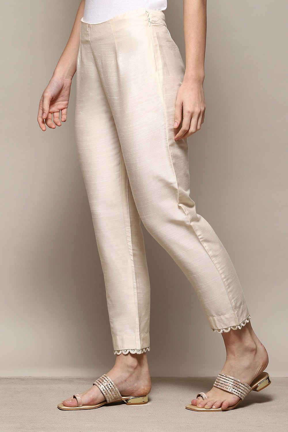 Antique Beige Polyester Slim Yarndyed Pants image number 2