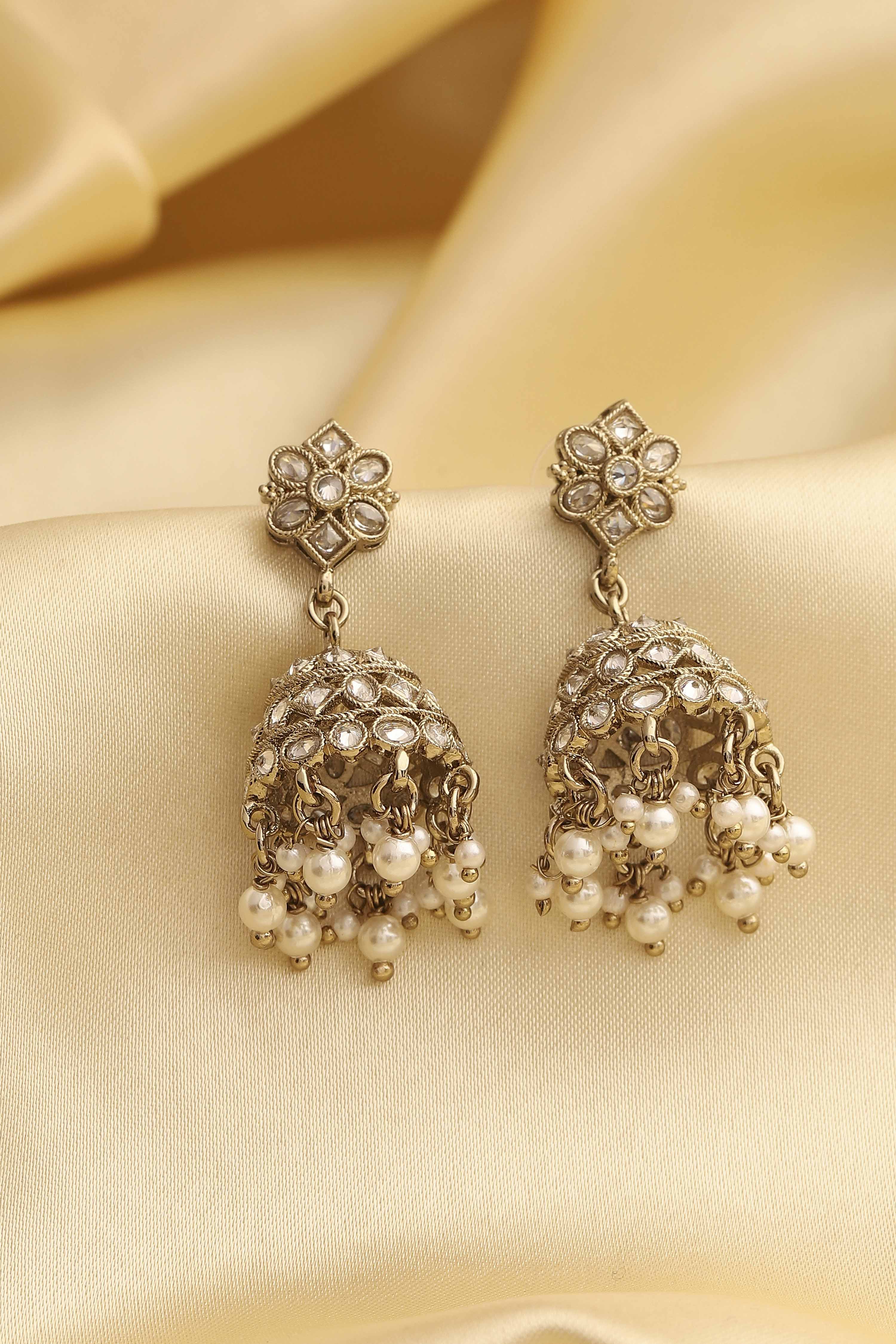 White Gold Plated Alloy Studded Jhumkas image number 0