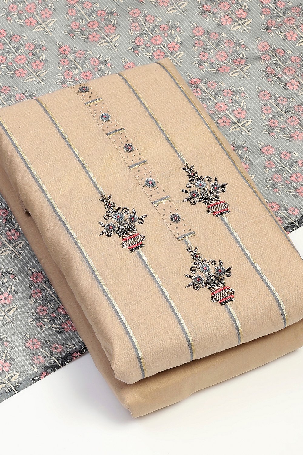 Beige Chanderi Unstitched Suit Set image number 5