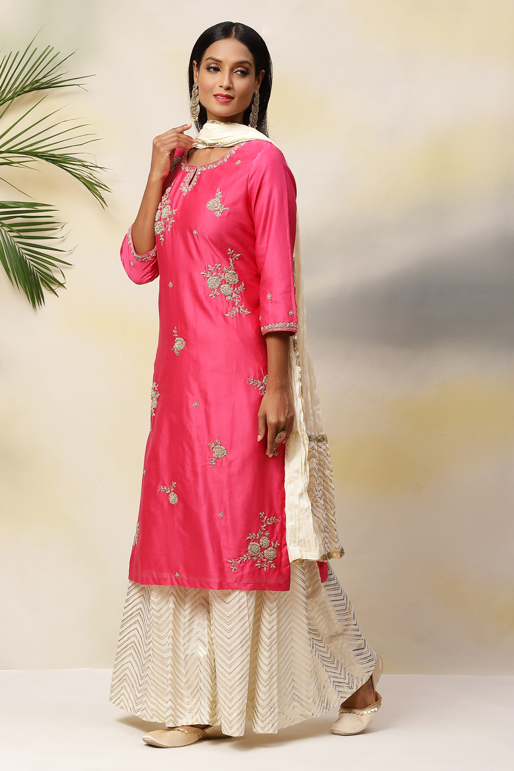 Fuchsia Cotton Silk Straight Kurta Sharara Suit Set image number 5