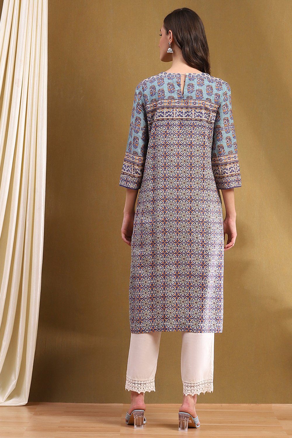 Blue Cotton Printed Straight Kurta image number 3