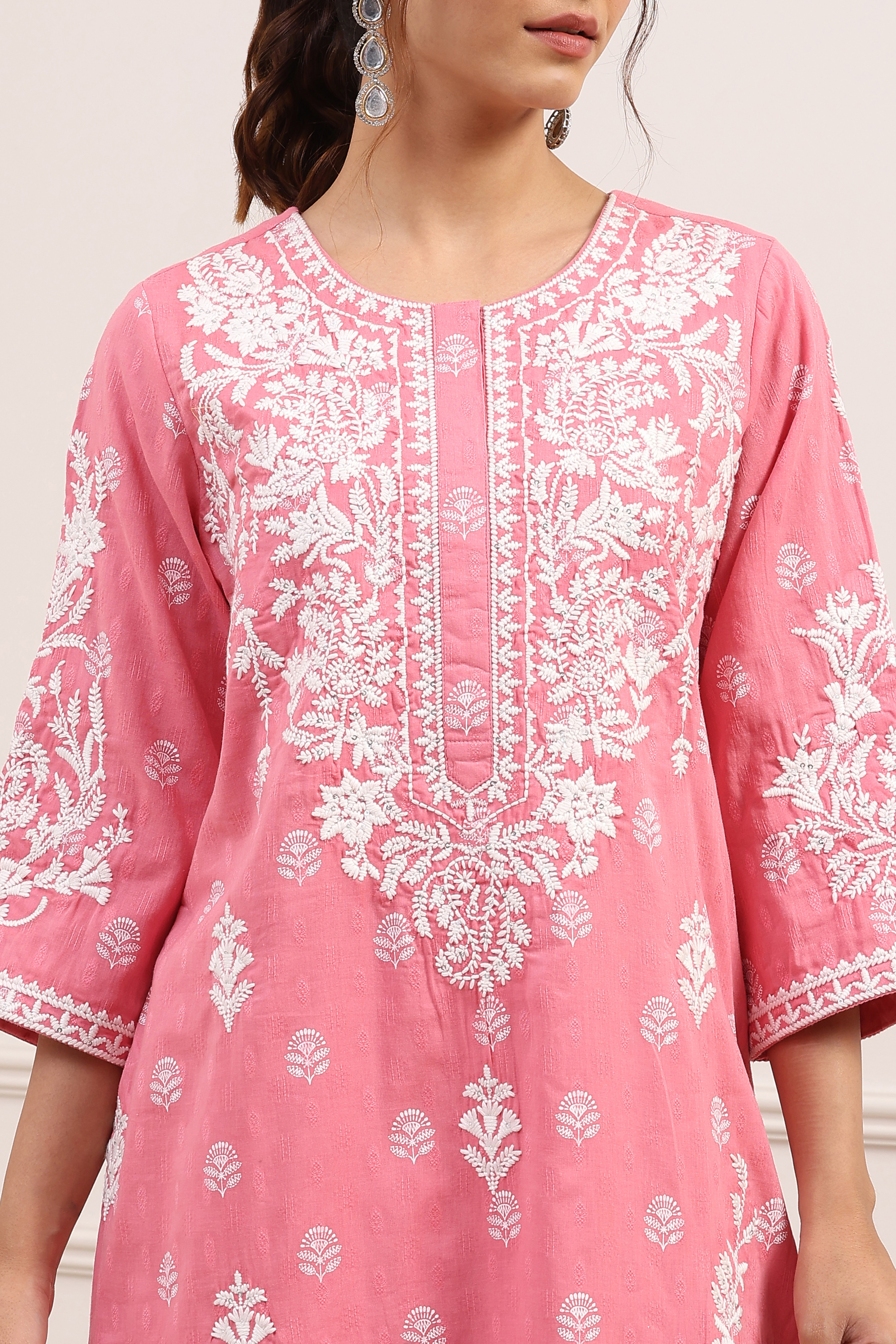 Pink Cotton Floral Embroidered Straight Kurta Set image number 1