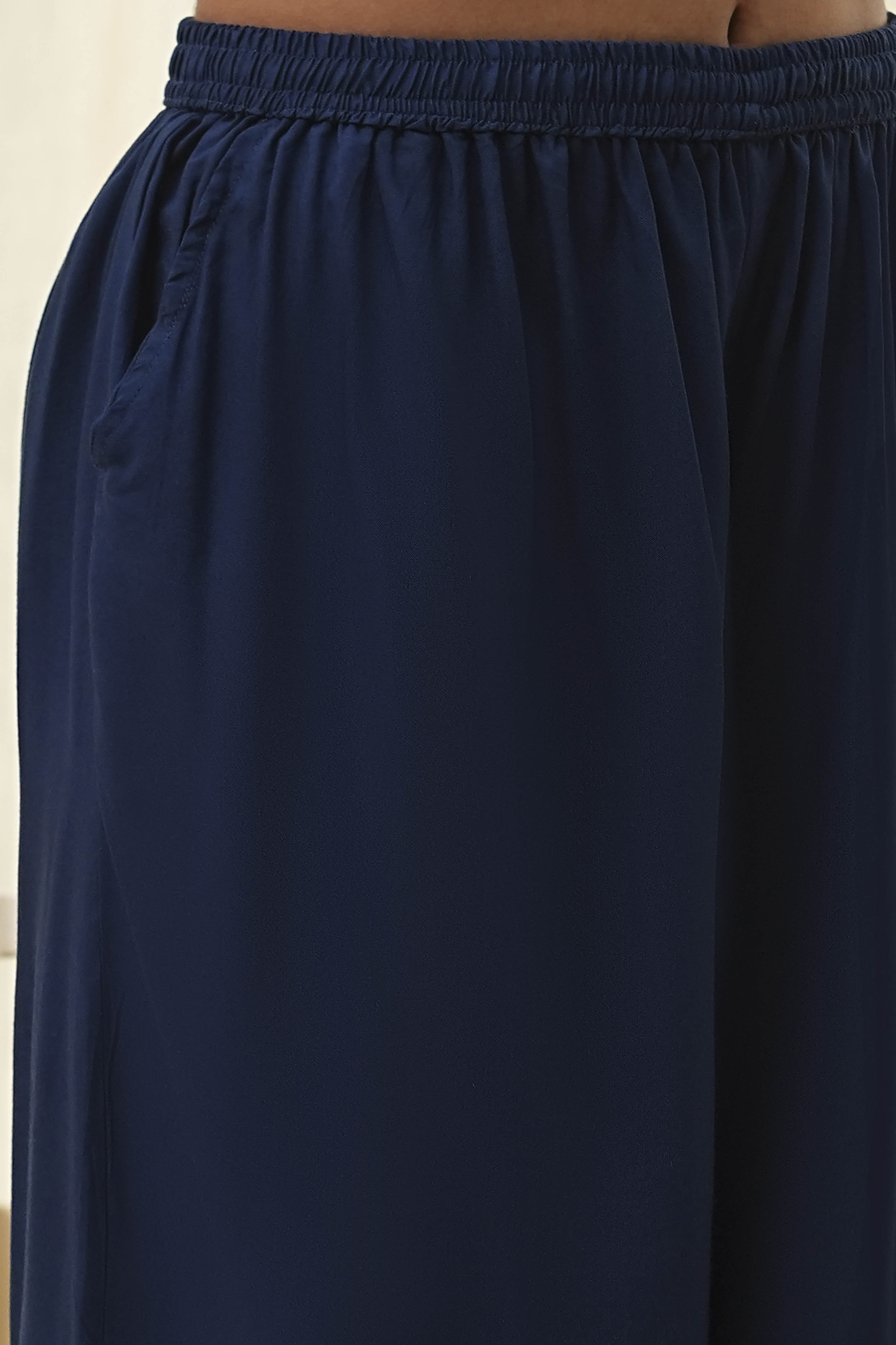 Navy Blue Viscose Solid Straight Palazzos image number 1