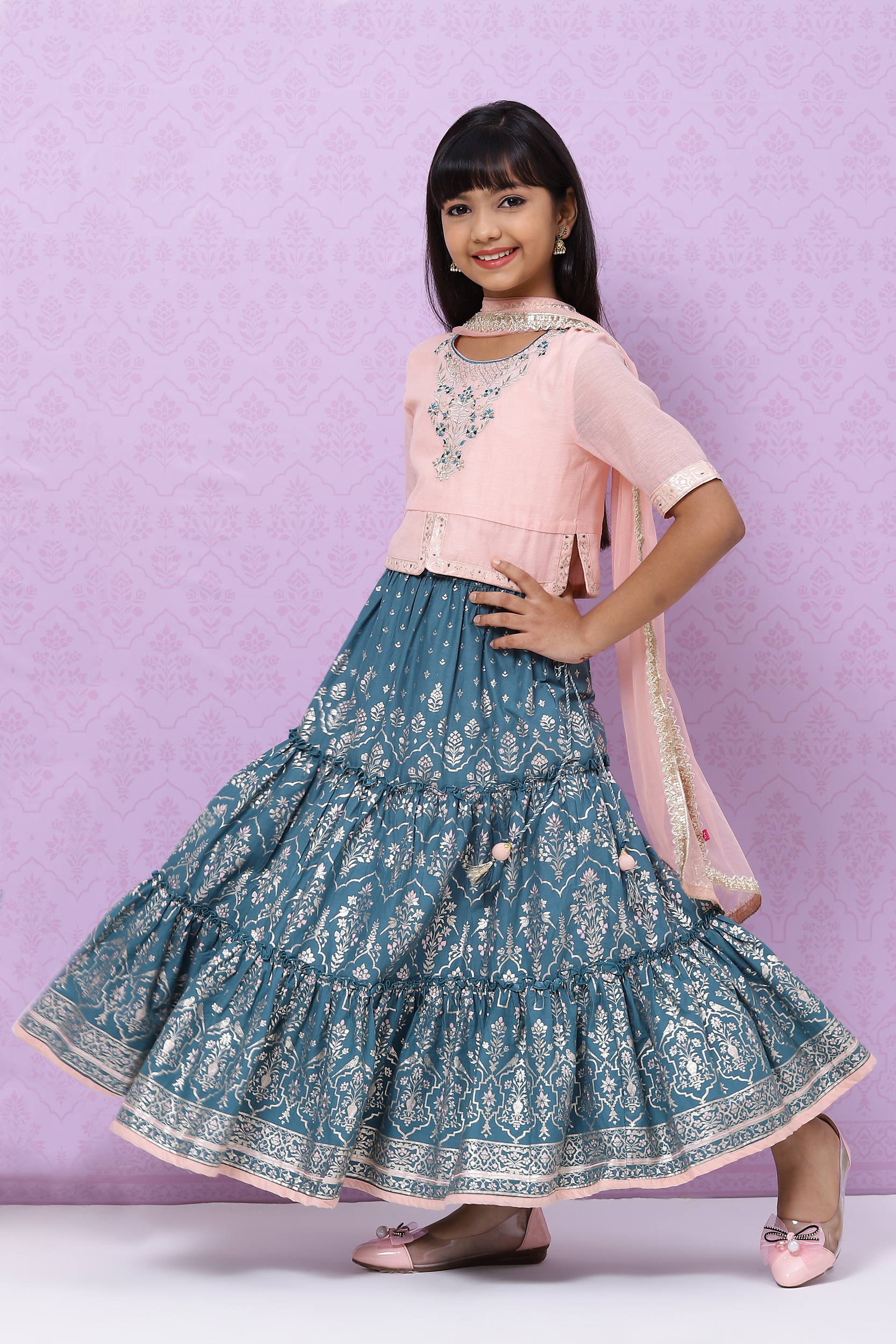 Peach And Teal Straight Poly Cotton Girls Lehenga Set image number 0