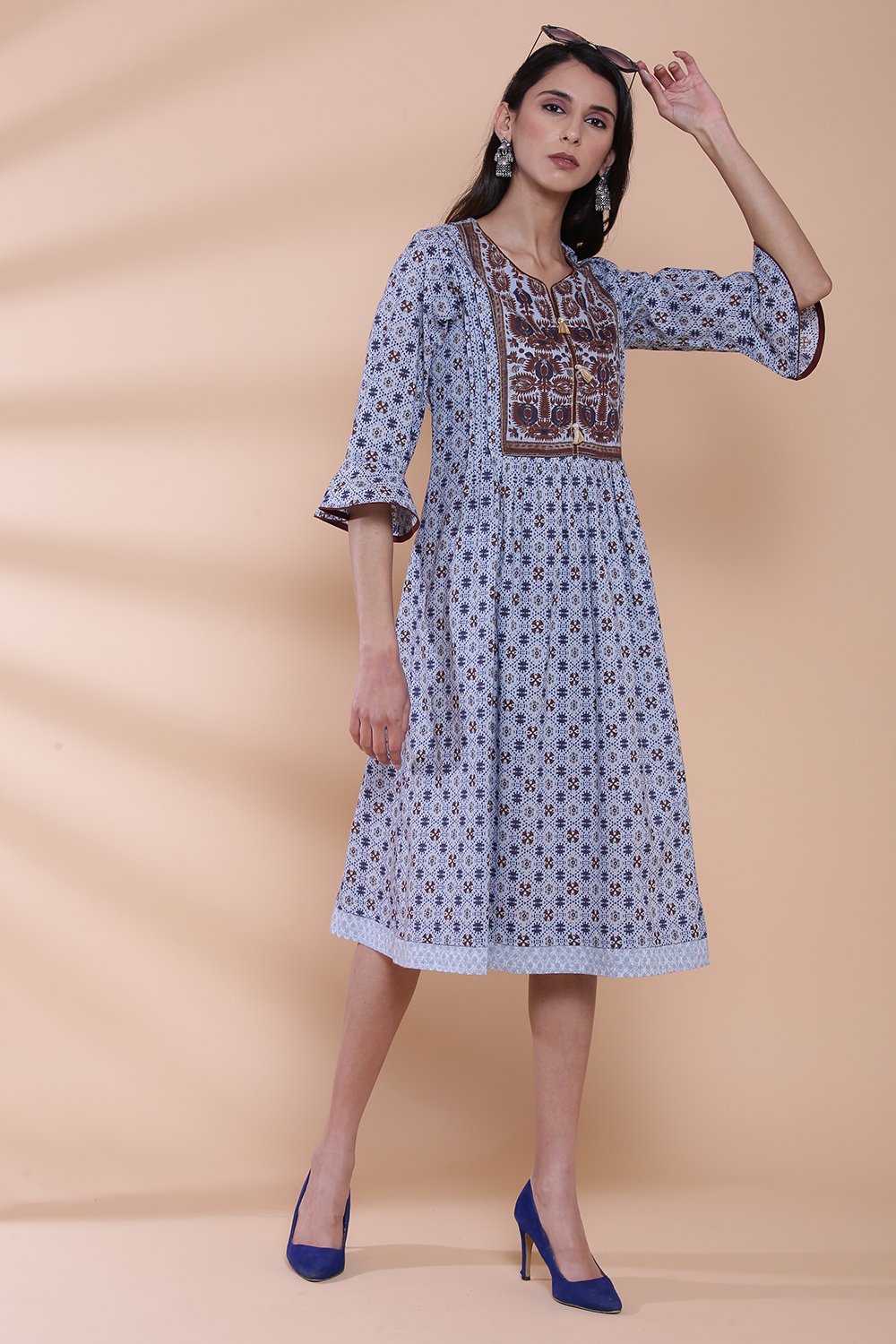 Blue Cotton A-line Printed Kurta image number 5