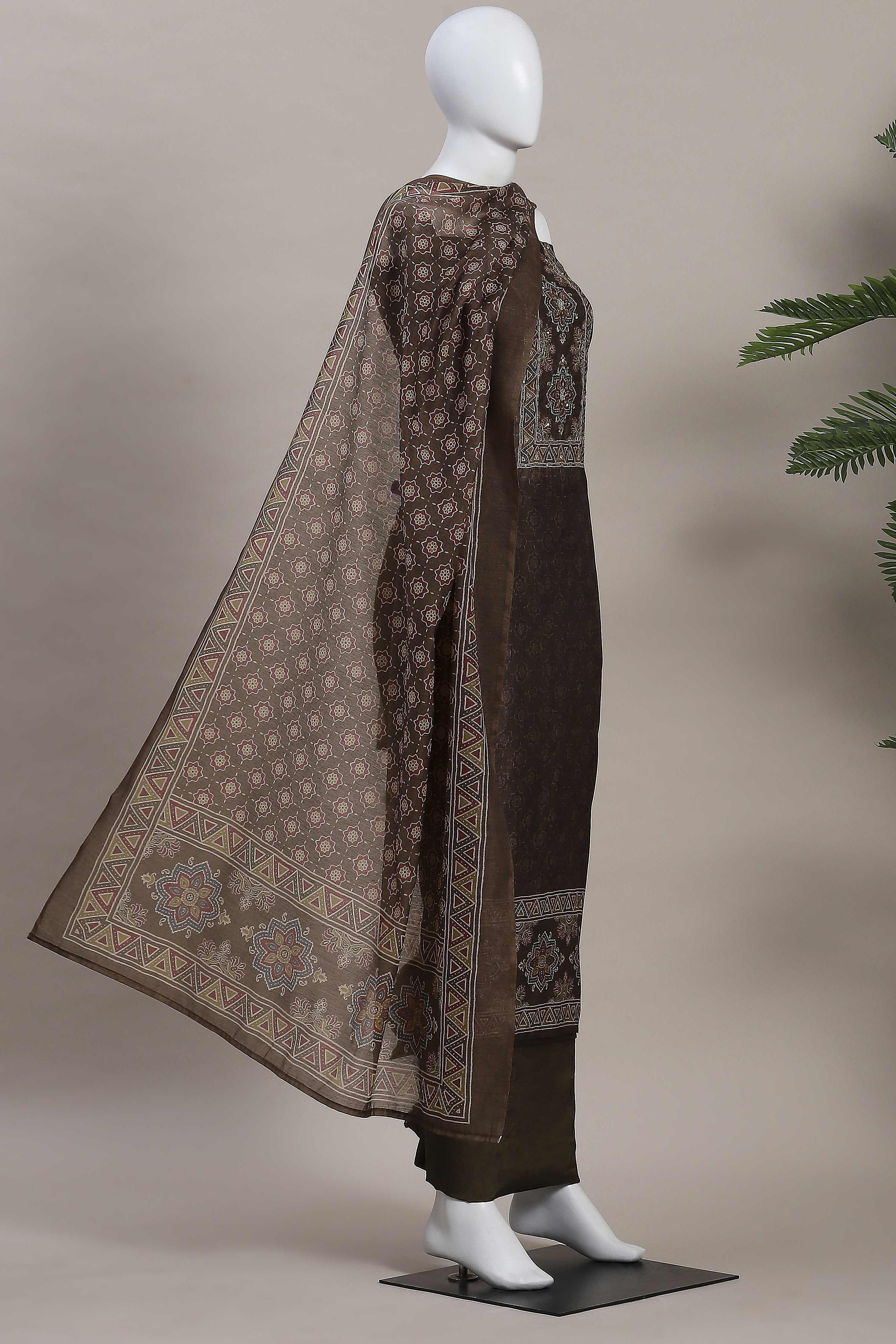 Grey Chanderi Rajasthani Print Unstitched Suit Set image number 4