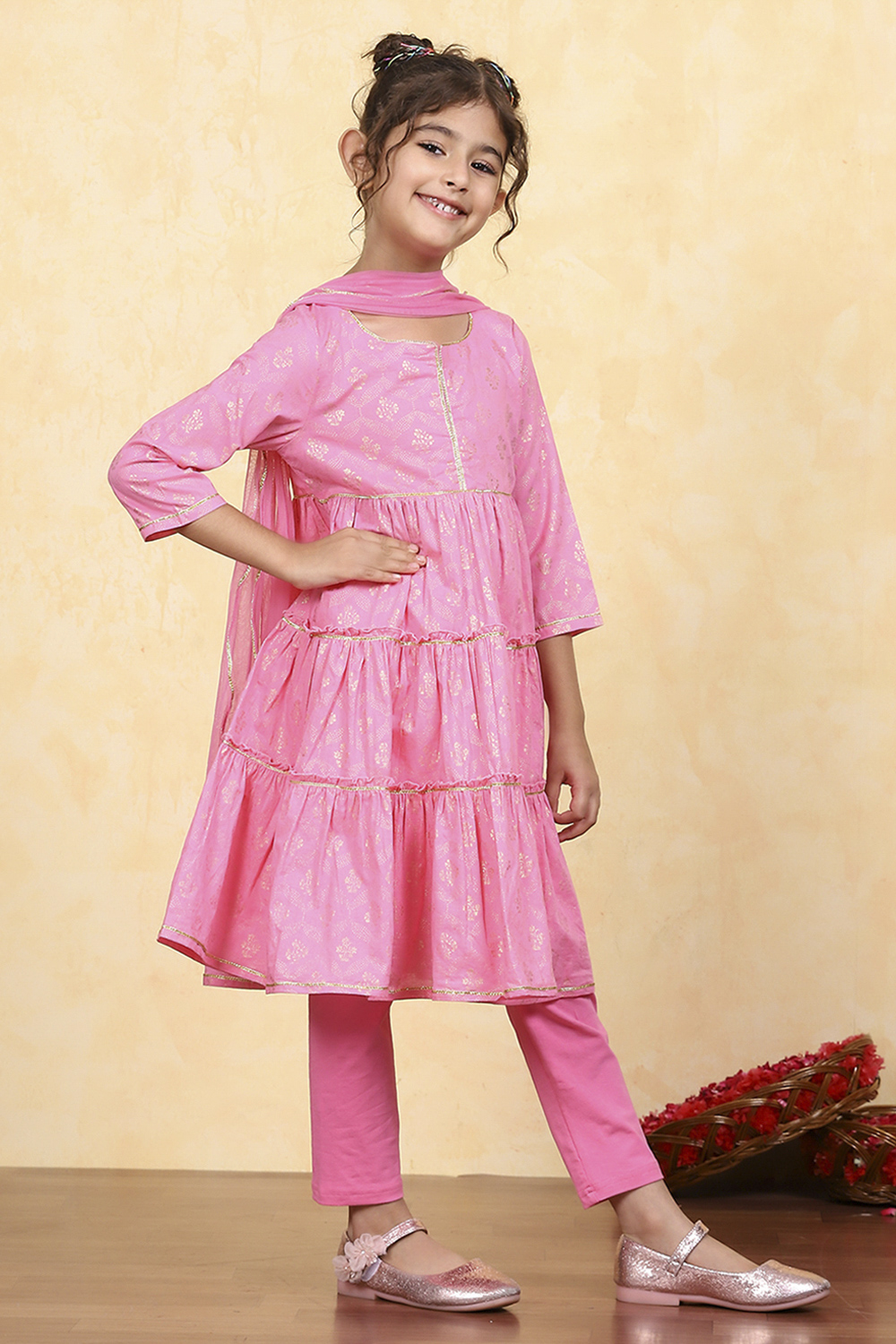 Blue Cotton Tiered Printed Kurta Churidar Set image number 5