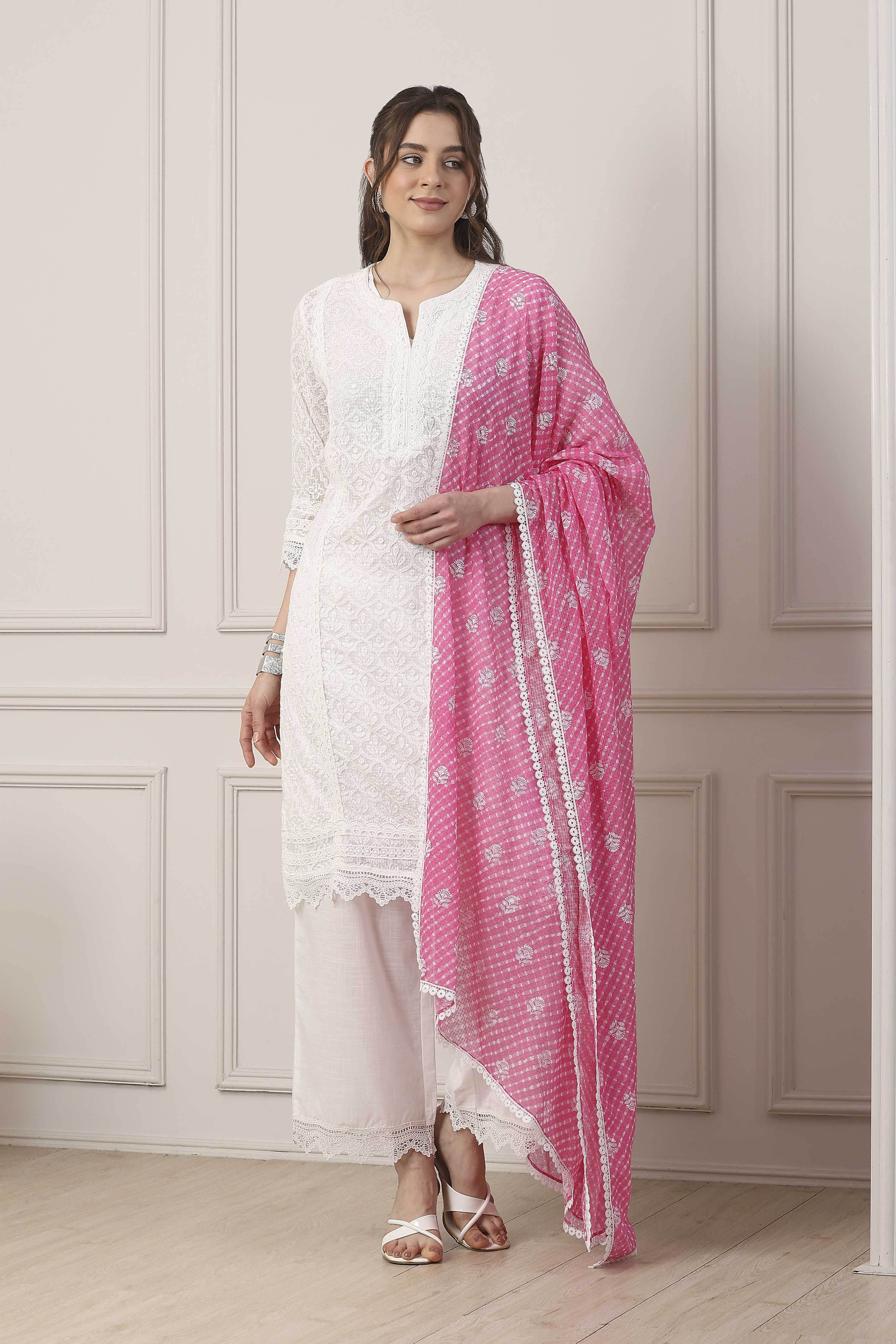 White Cotton Lace Embroidered Straight Suit Set image number 7