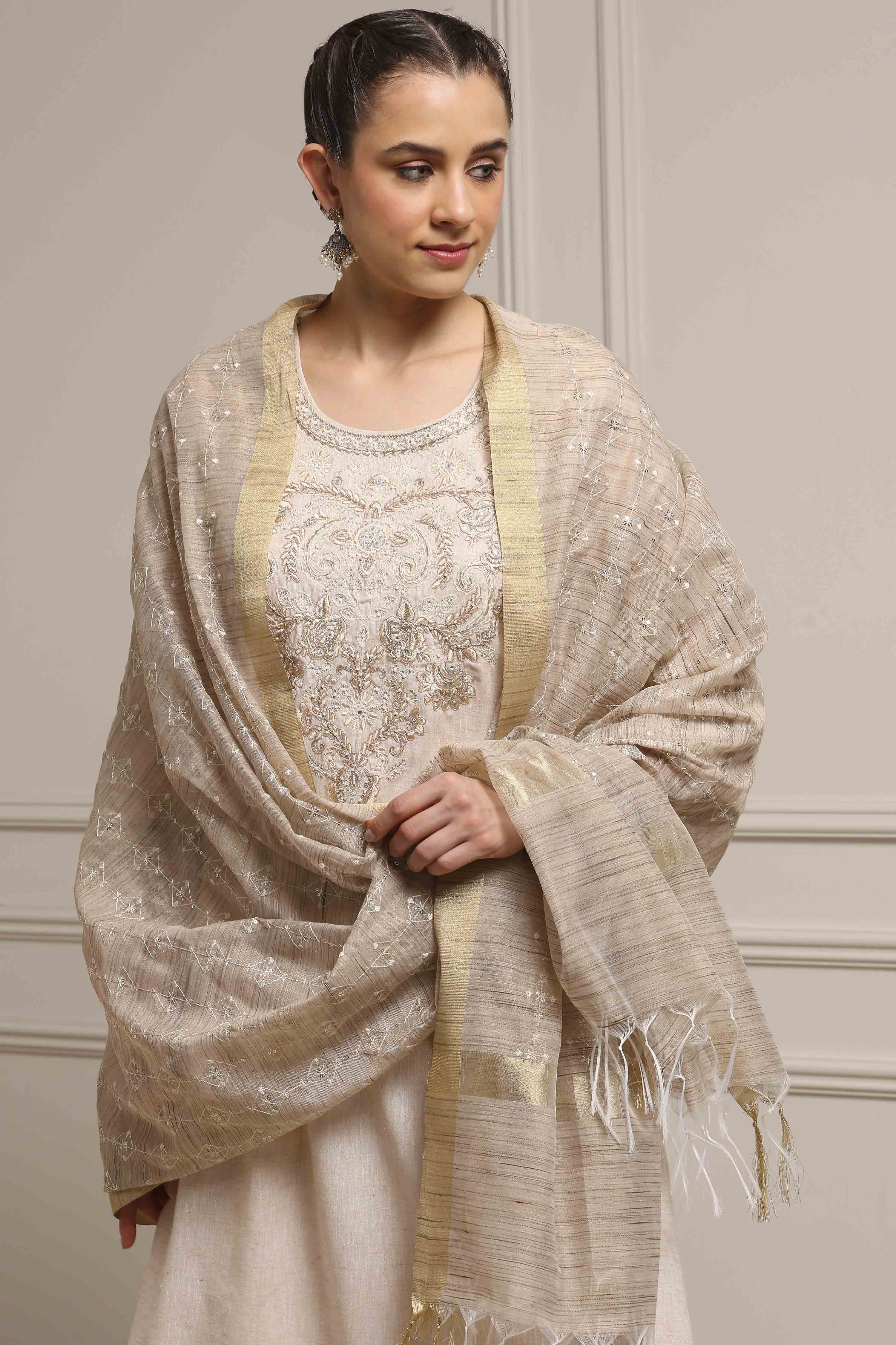 Beige Polyester Blend Straight Dyed Suit Set image number 7