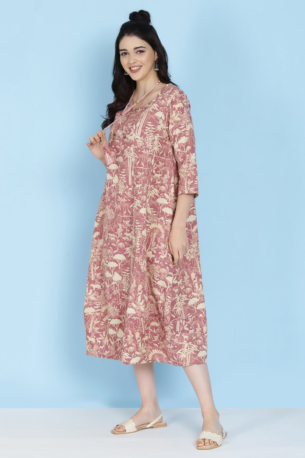 Mauve Cotton Flax Printed Kurta Dress image number 2