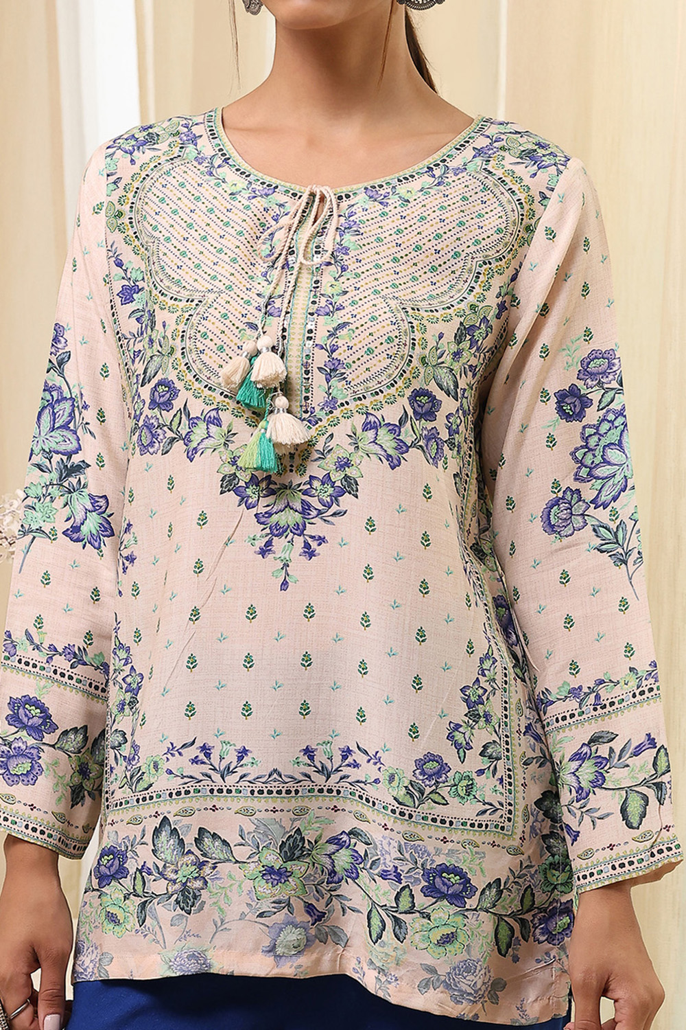 Off-White-Pink Modal Blend Straight Printed Short Kurta image number 1