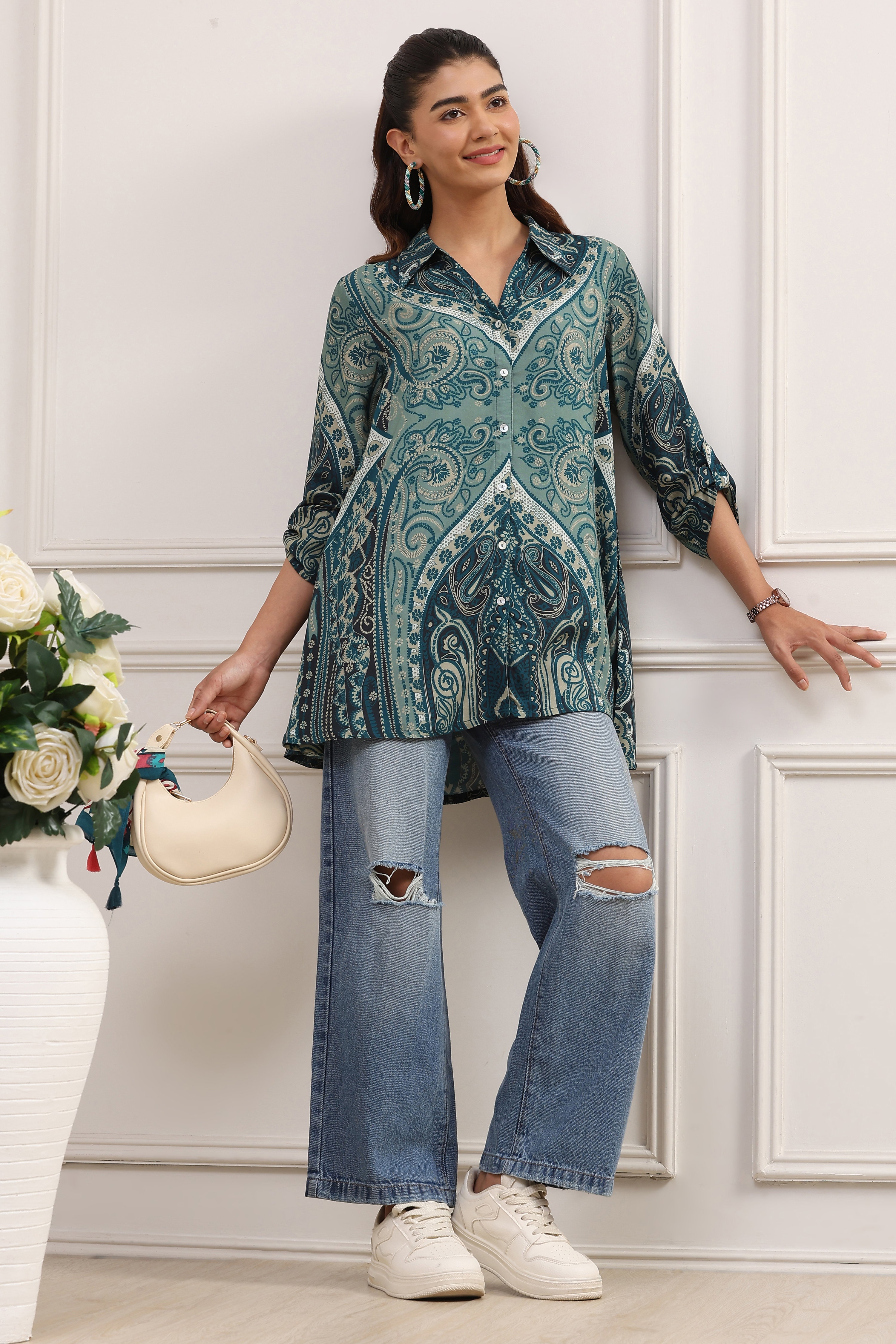 Teal LIVA Straight Printed Shirt image number 0