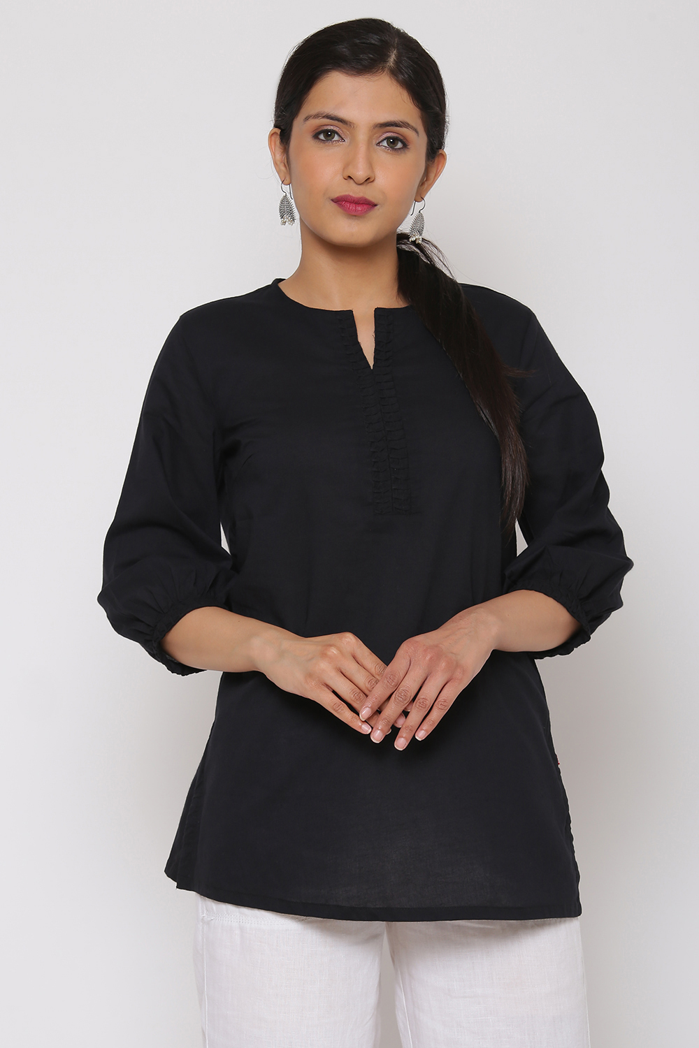 Sky Blue Cotton Short Solid Kurti image number 0