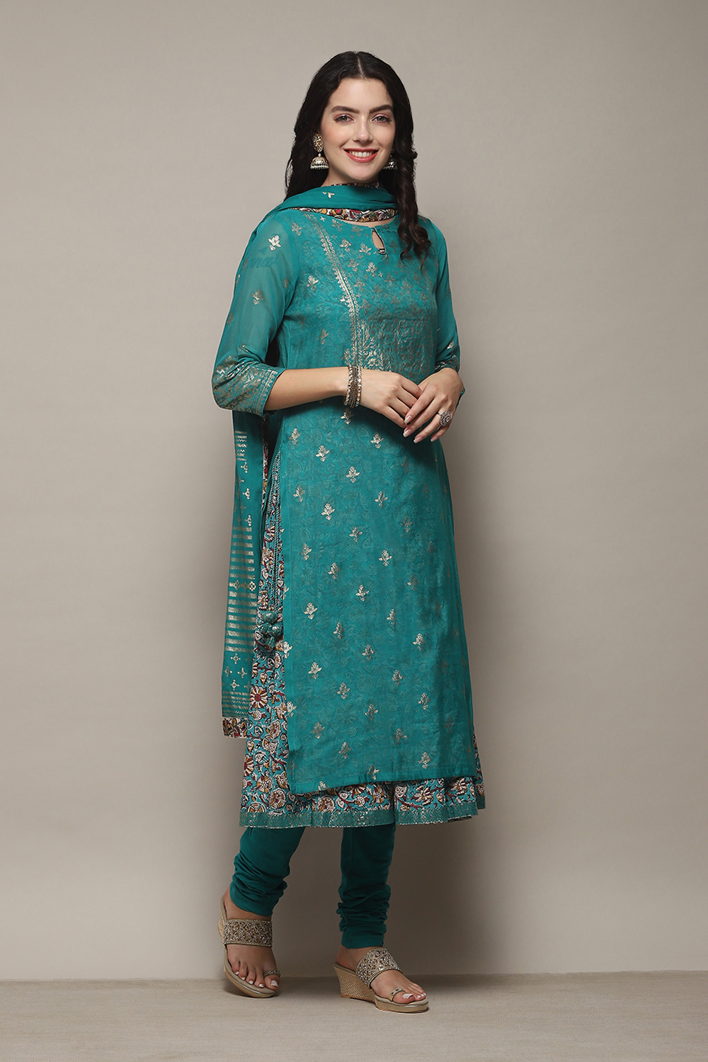 Off White Cotton Layered Printed Kurta Churidar Suit Set image number 6
