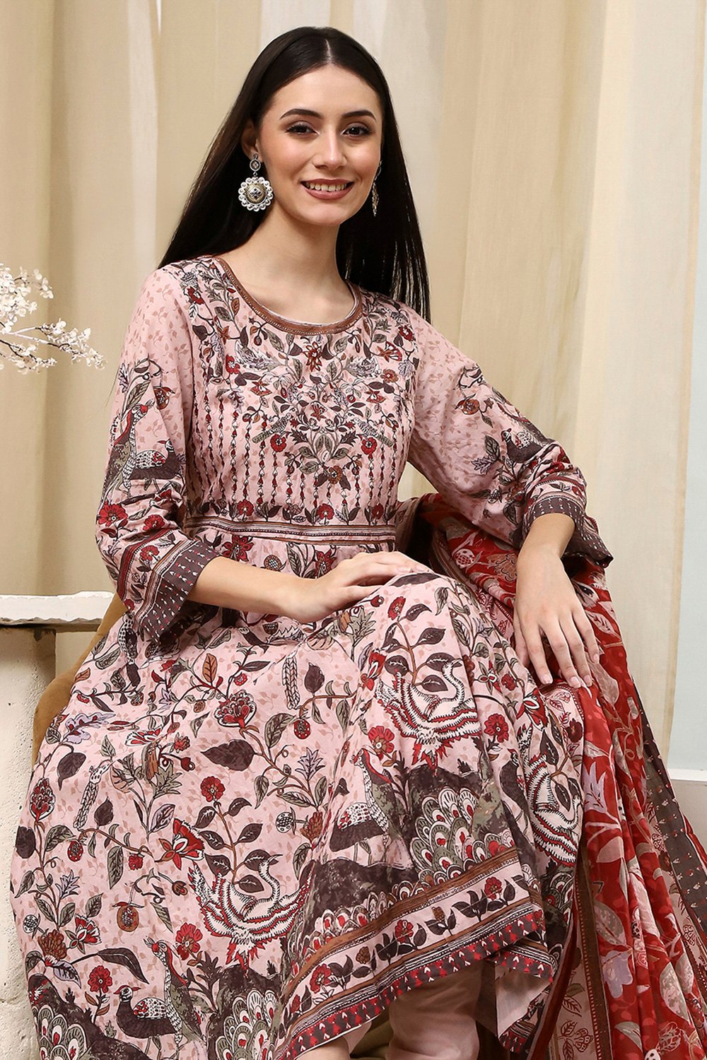 Beige Cotton Anarkali Kurta Churidar Suit Set image number 0
