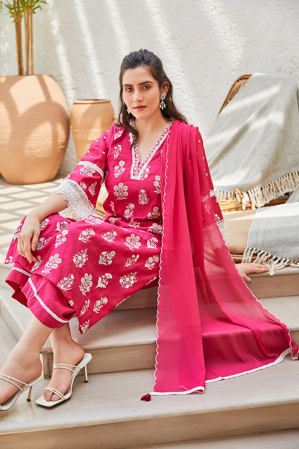 Fuchsia Embroidered Kurta & Palazzo Suit Set image number 0
