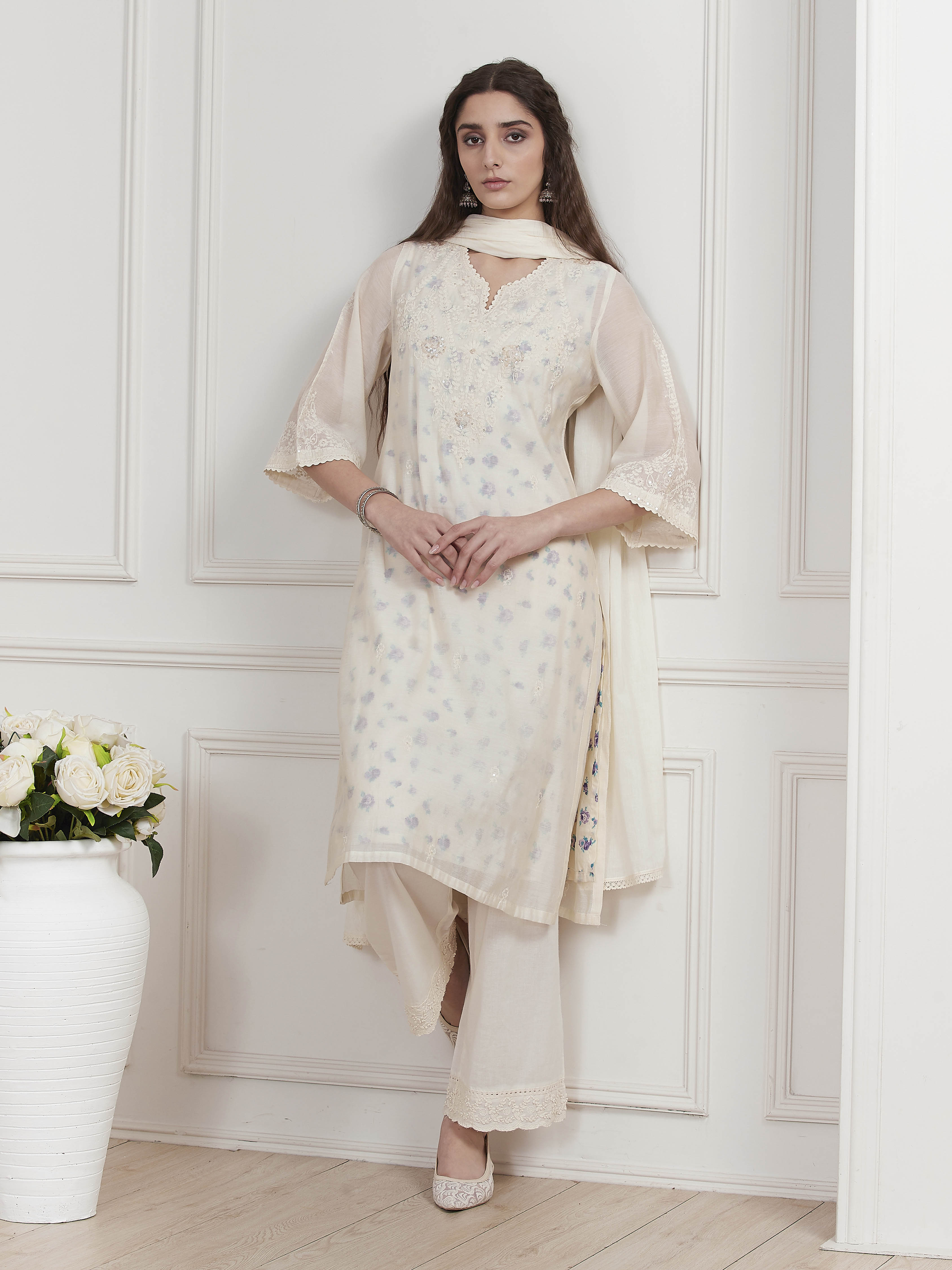 Ivory Poly Chanderi Embroidered Straight Suit Set image number 0