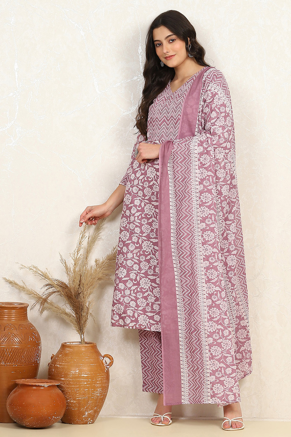 Mustard Cotton Screen Print Unstitched Suit Set image number 1