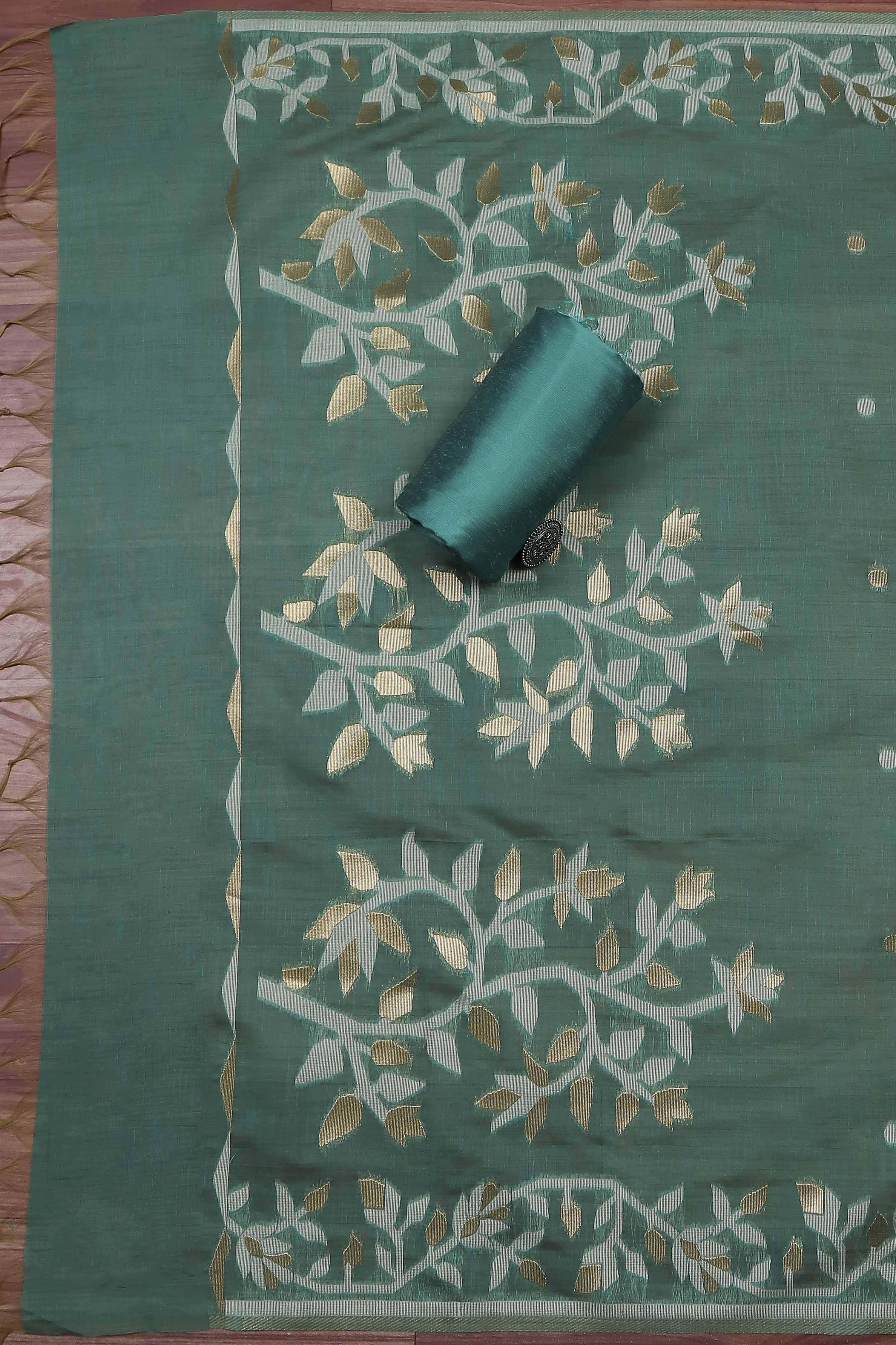 Green Cotton Jamdani Unstitched Suit Set image number 3