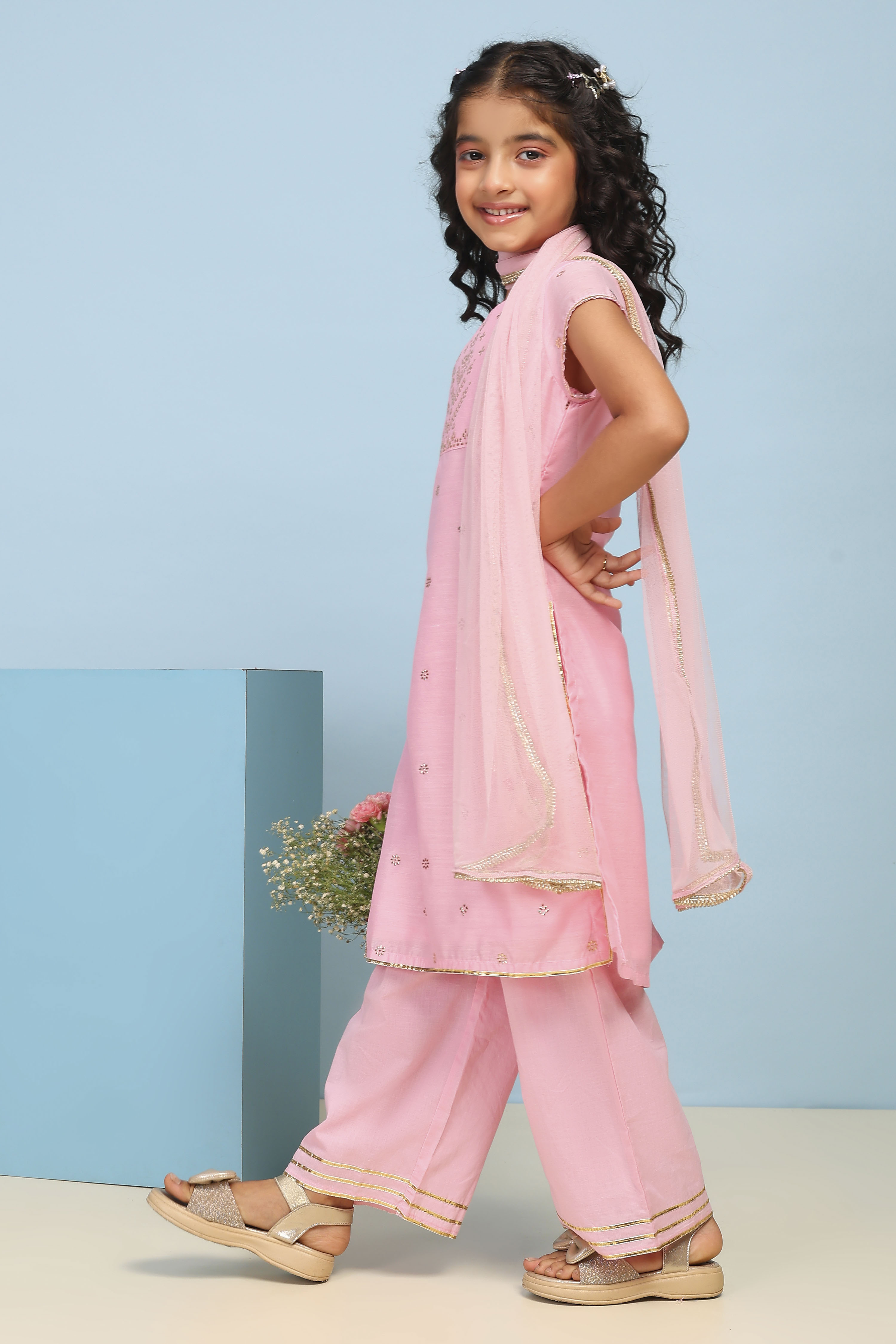 Aqua Polyester Straight Printed Suit Set image number 3
