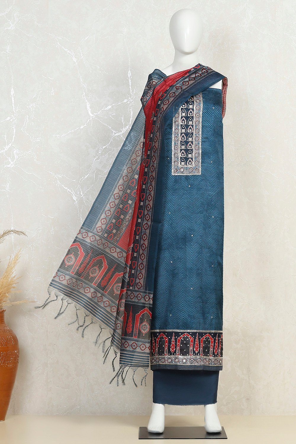 Blue Chanderi Printed Unstitched Suit Set image number 4