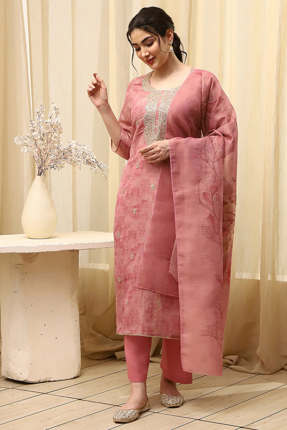 Pink Chanderi Machine Embroidered Unstitched Suit Set image number 1