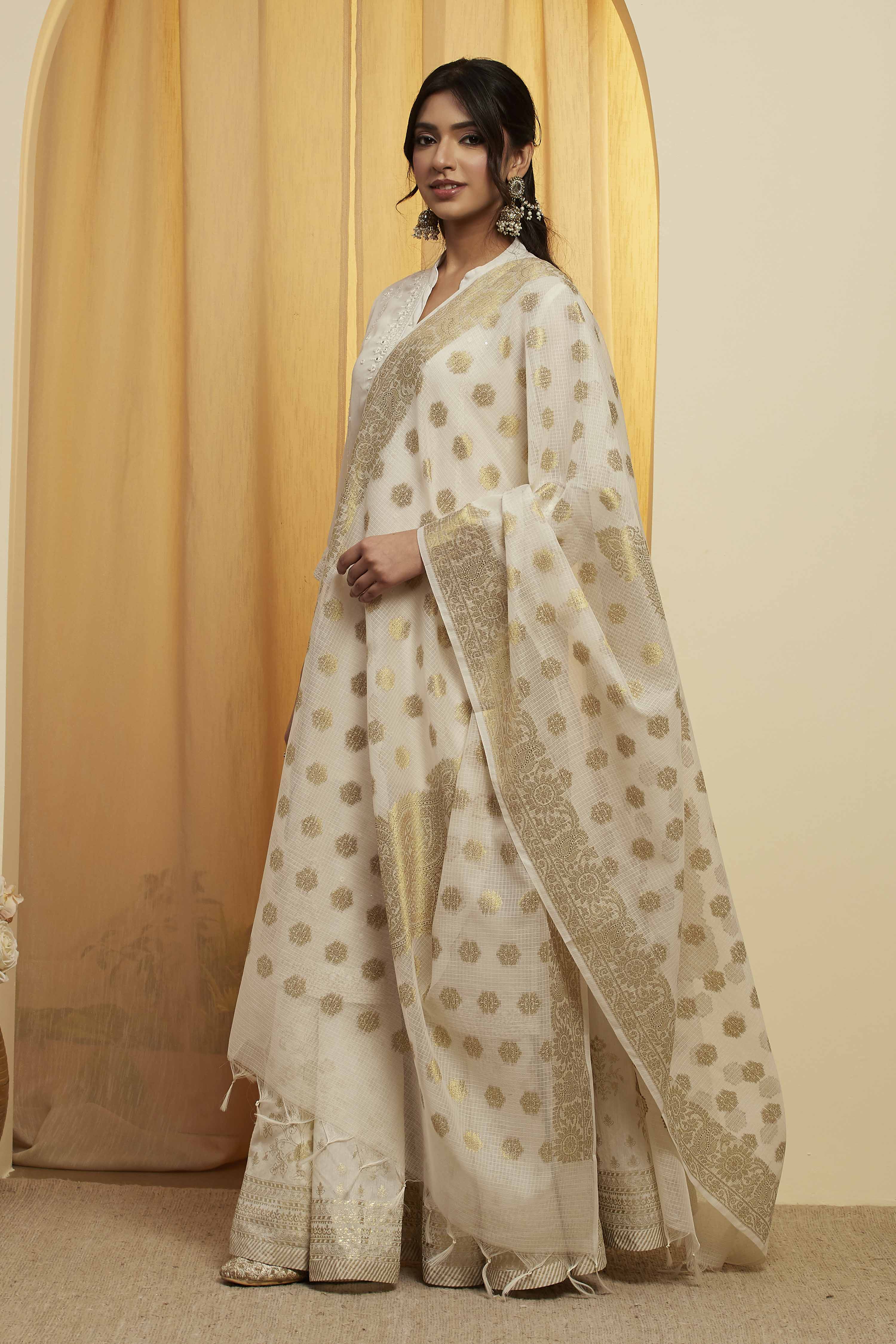 Off White Gold Woven Design Tasseled Dupatta image number 2