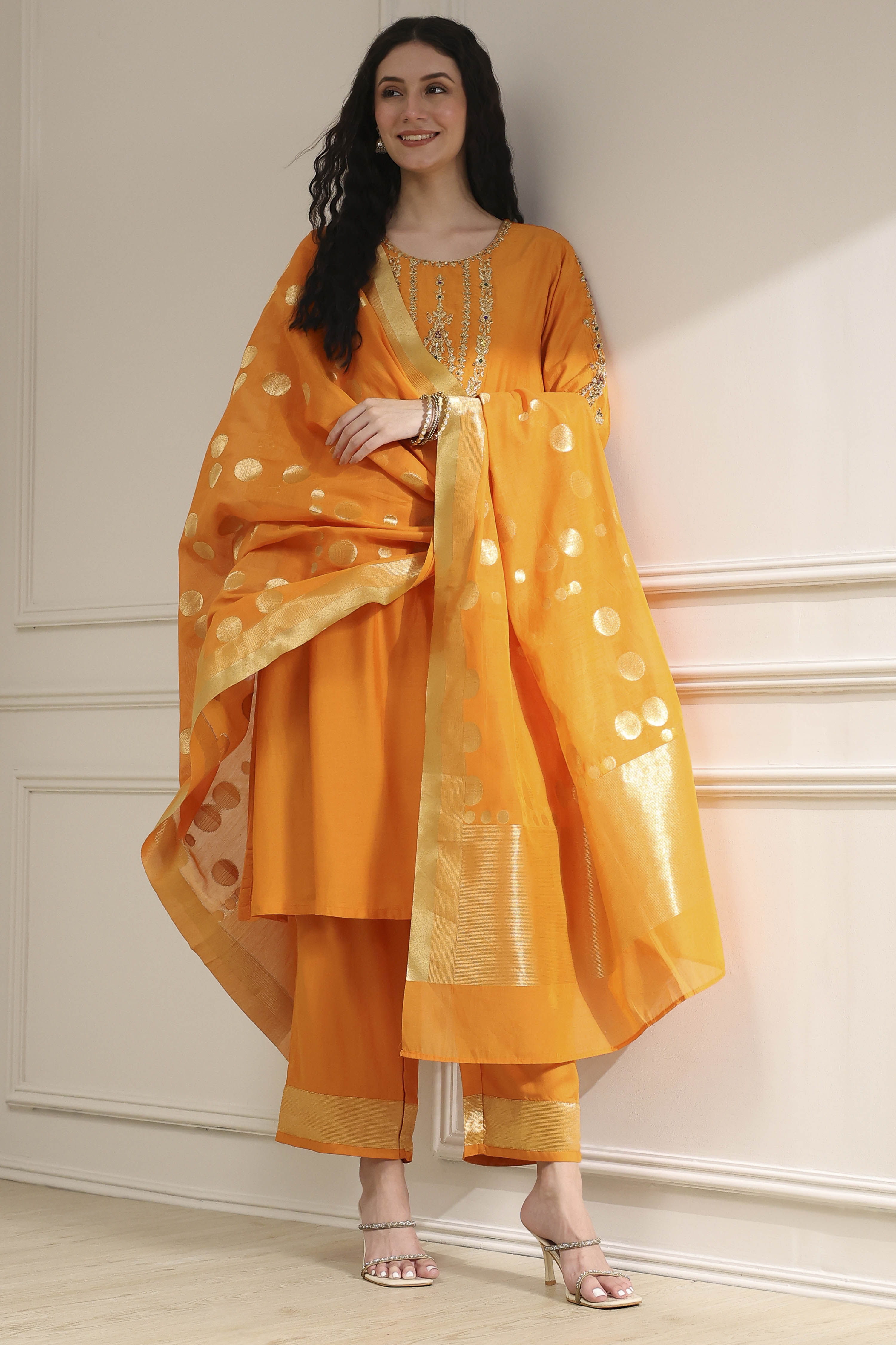 Orange Solid Straight Suit Set image number 0