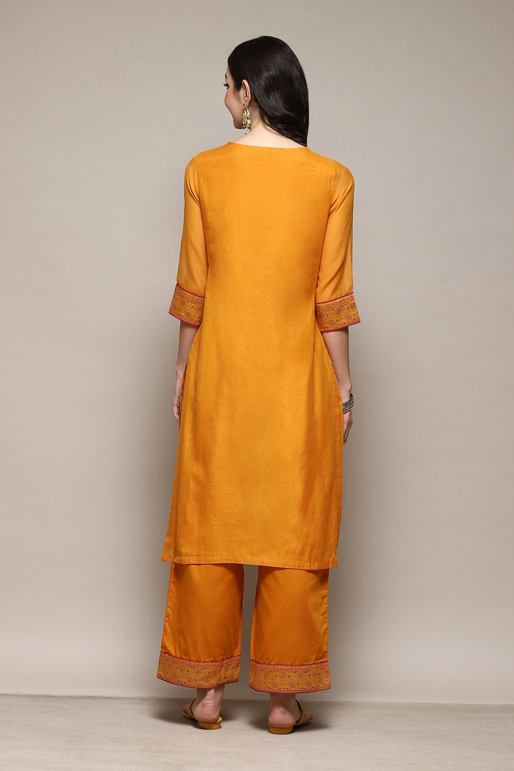 Mustard Cotton Blend Straight Yarndyed Kurta Palazzo Suit Set image number 4