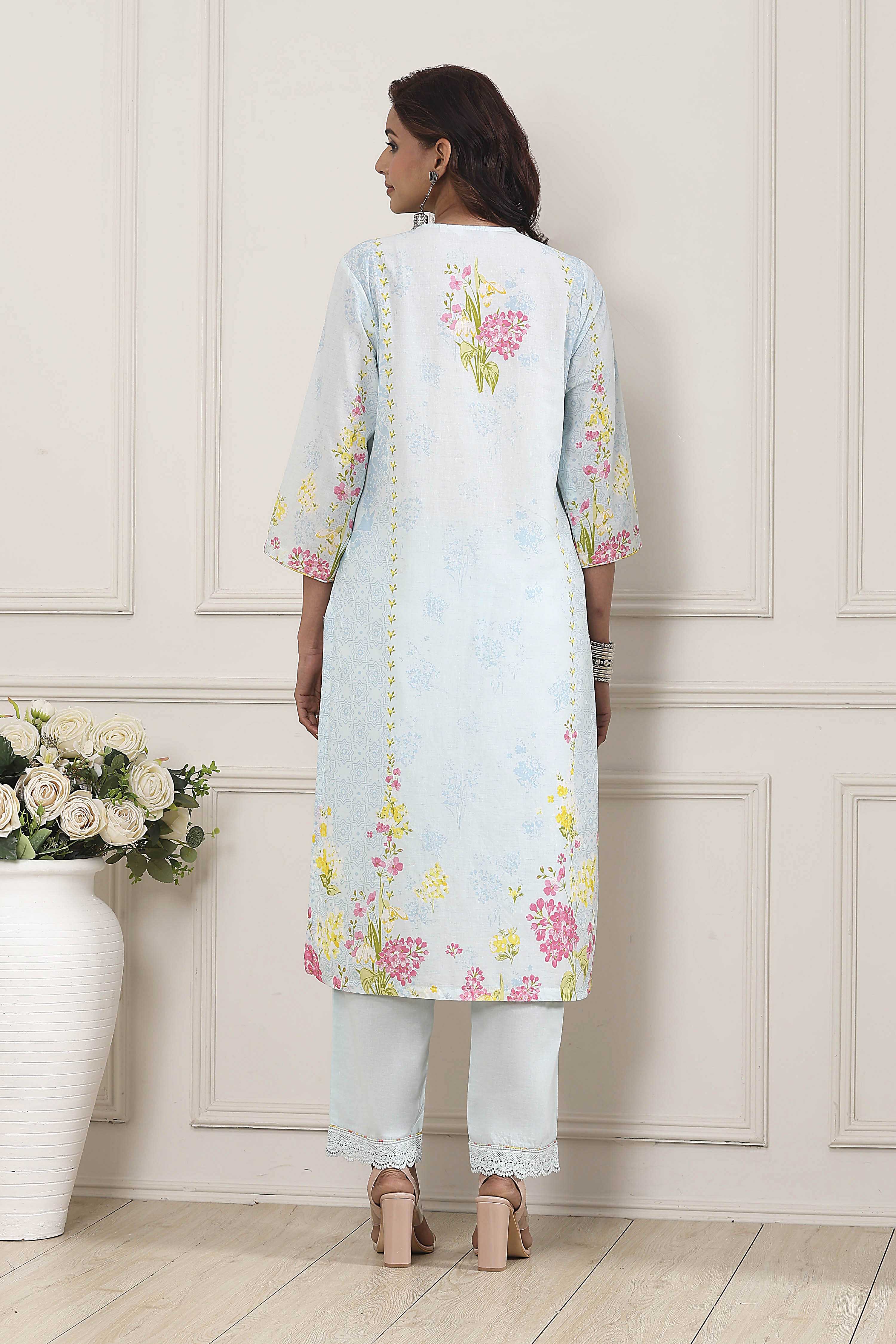 Powder Blue Cotton Printed Straight Suit Set image number 4