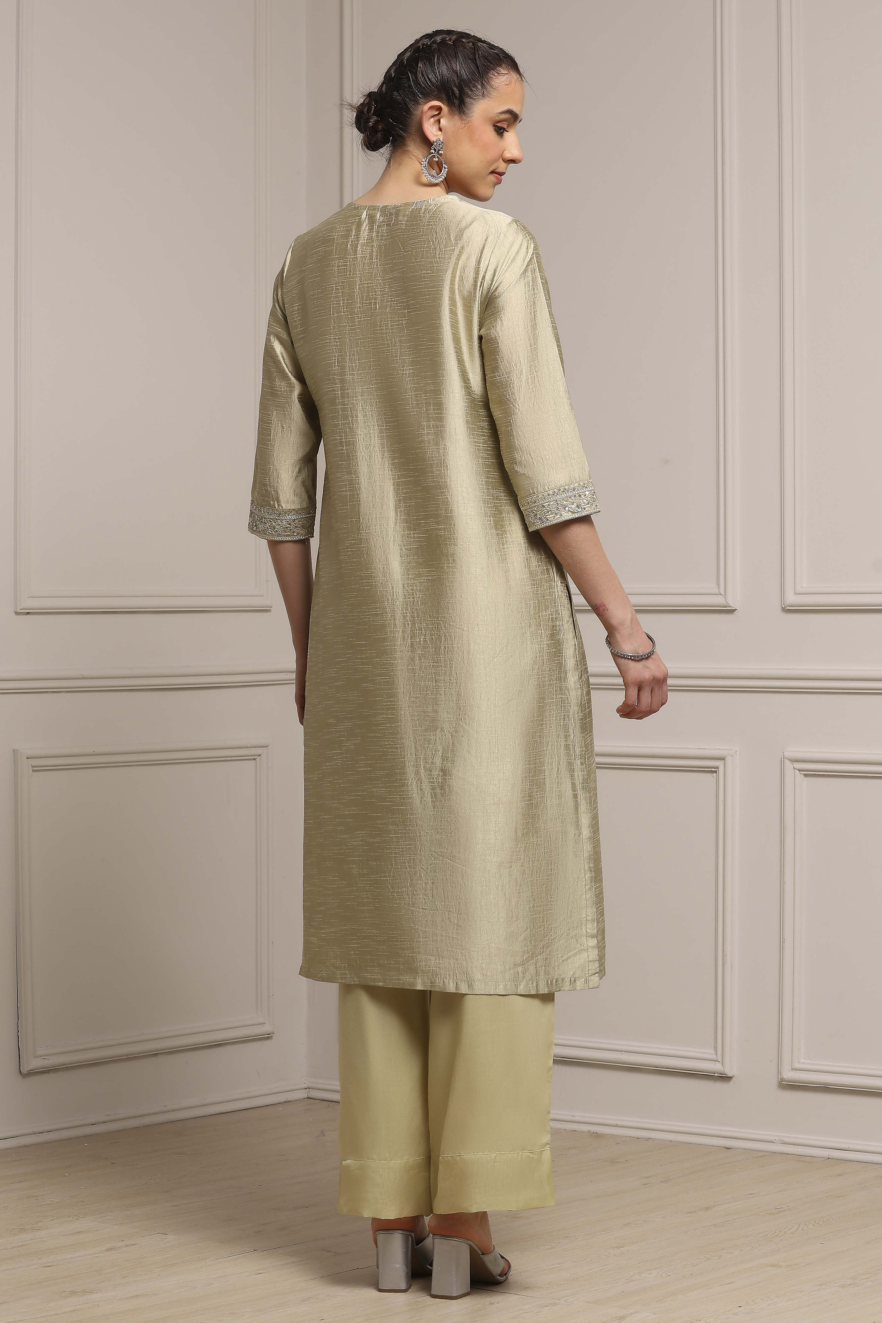 Light Green Viscose Blend Straight Dyed Suit Set image number 4