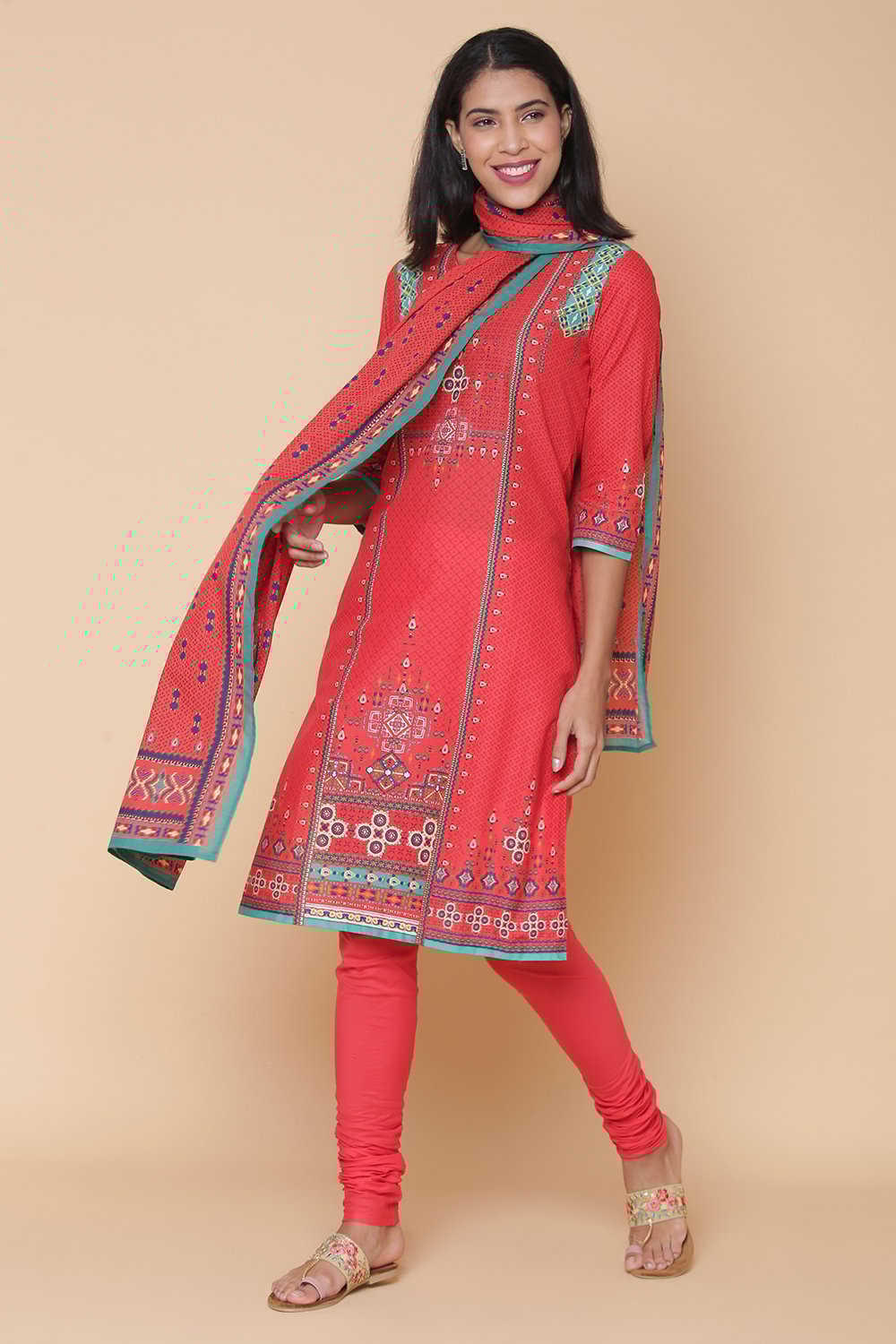 Red Cotton Straight Kurta Churidar Suit Set image number 6