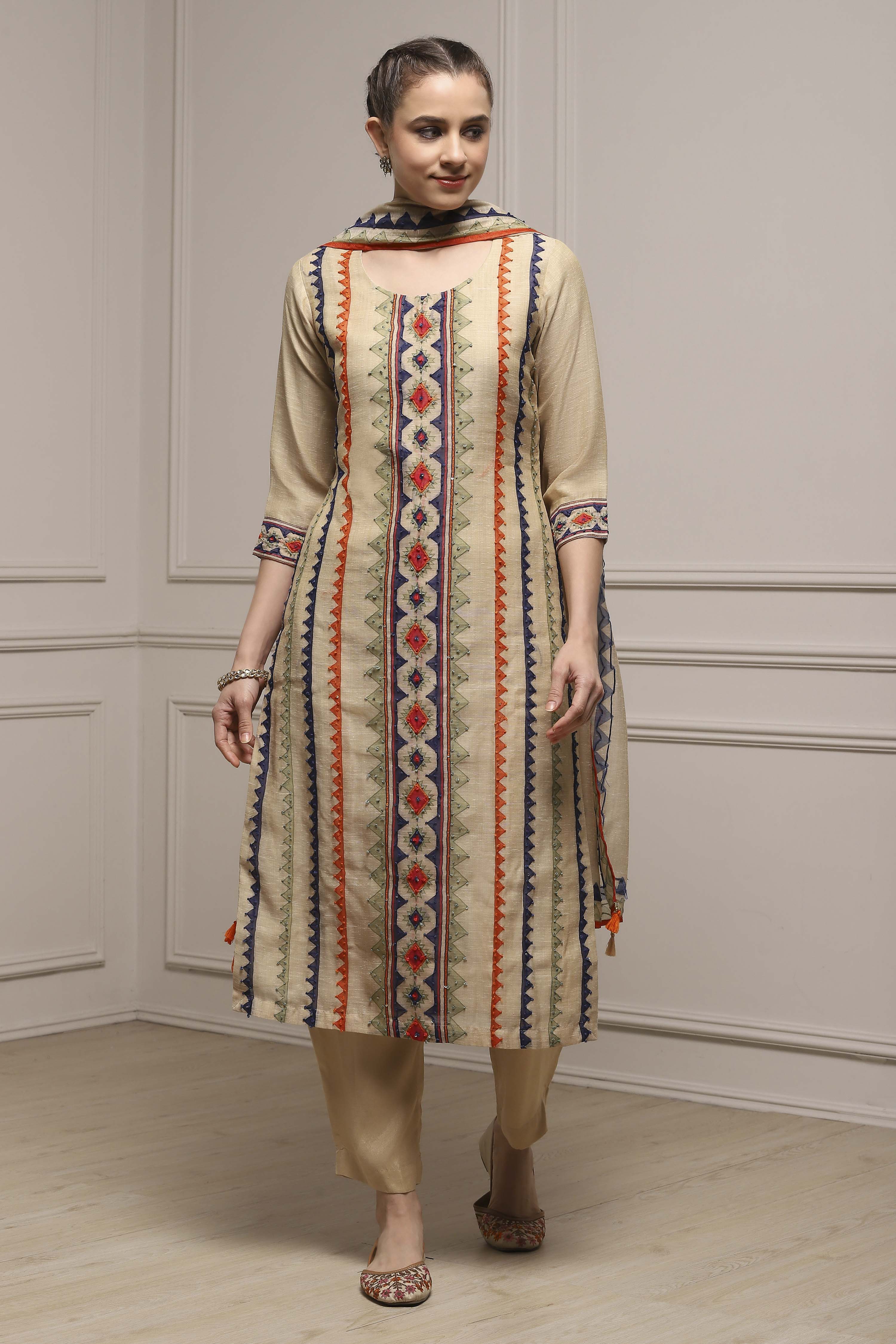 Beige Linen Blend Hand Painted Unstitched Suit Set image number 1