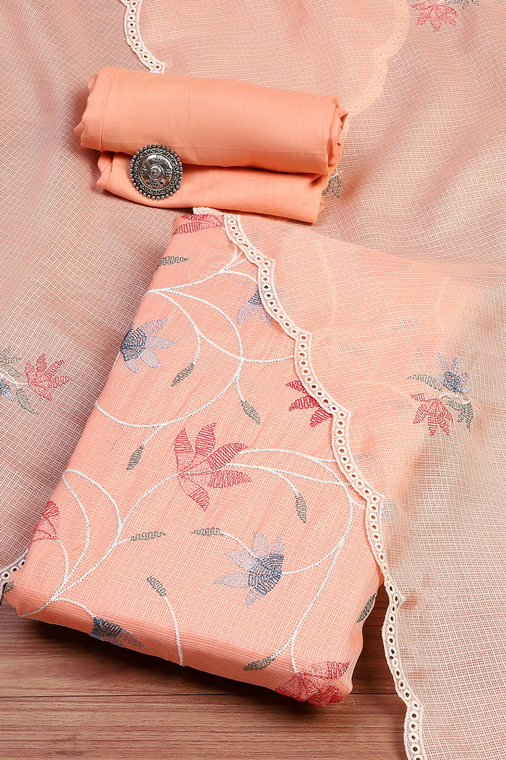 Peach Cotton Machine Embroidered Unstitched Suit Set image number 0