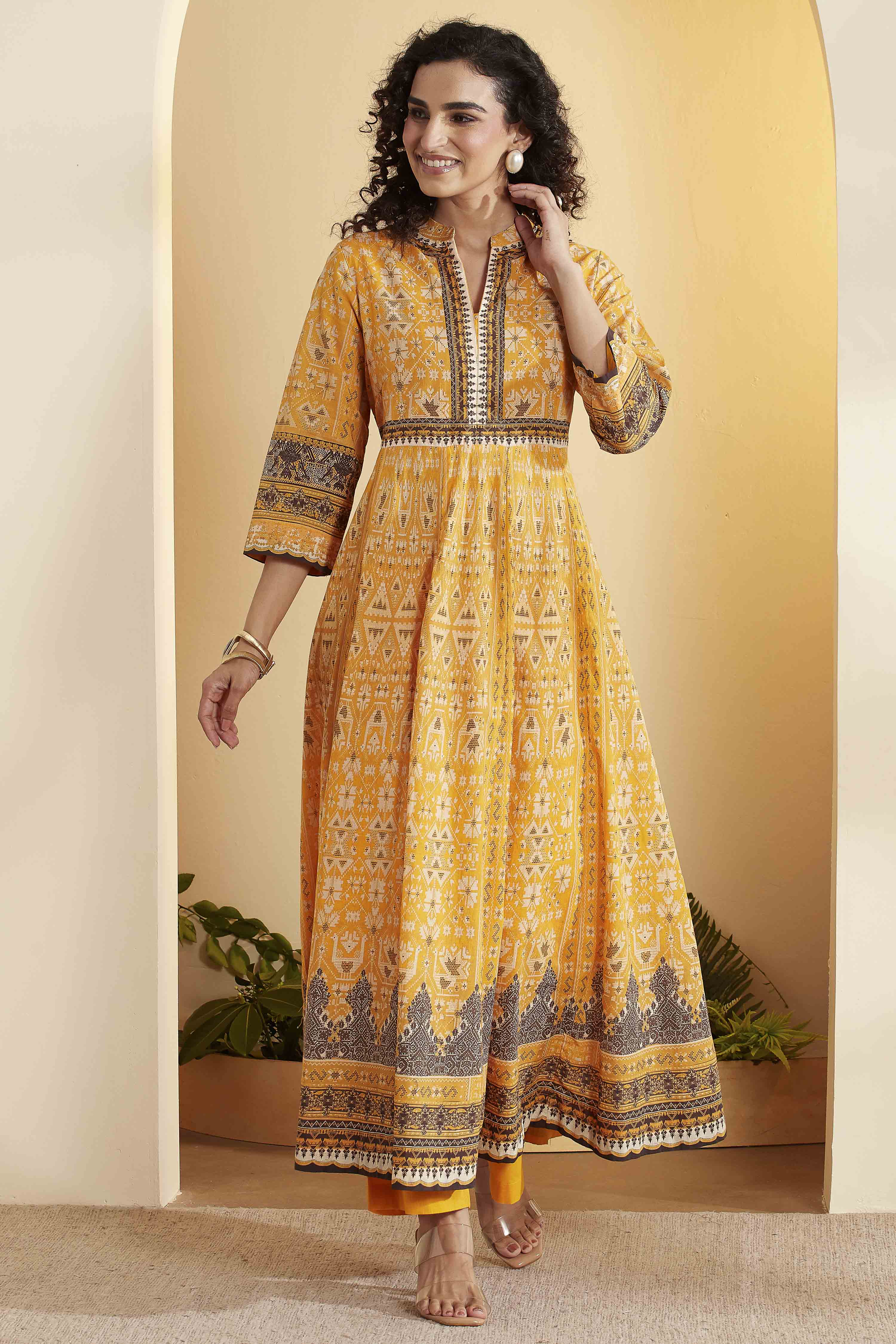 Yellow Cotton Anarkali Kurta Pants Set image number 6